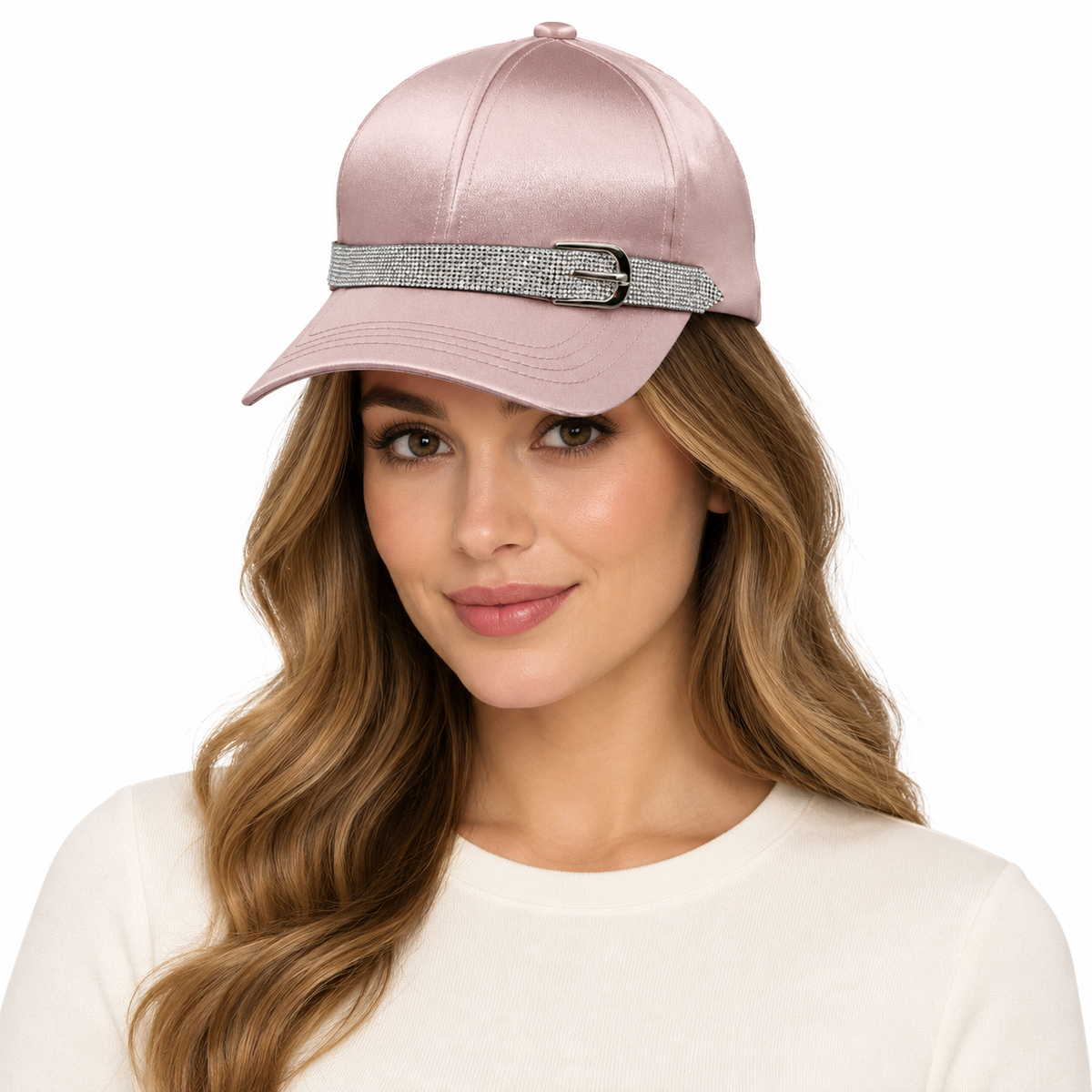 Model wearing Baseball Cap: CA045 Satin Light Pink Rhinestones Belt Detail Baseball Cap