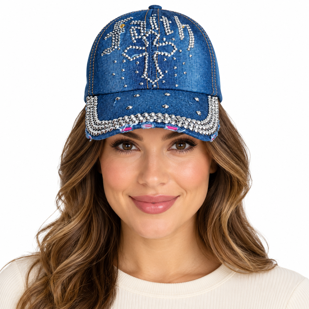 Model wearing Denim Rhinestone Baseball Cap: CA15214 "Faith" Silver Stones on Denim