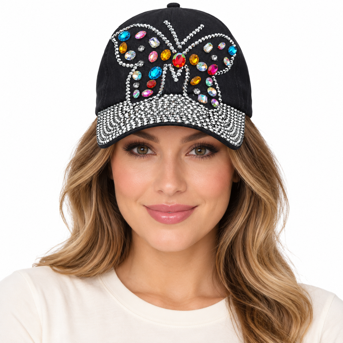 Model wearing Denim Rhinestone Baseball Cap: CA1592 "Butterfly" Multi-color Stones on Black Denim