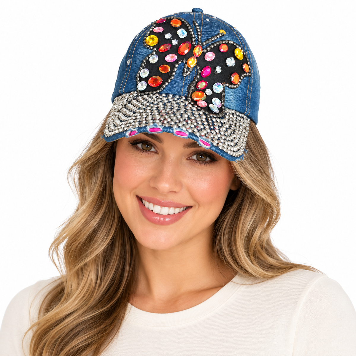 Model wearing Denim Rhinestone Baseball Cap: CA1592 "Butterfly" Multi-color Stones on Denim
