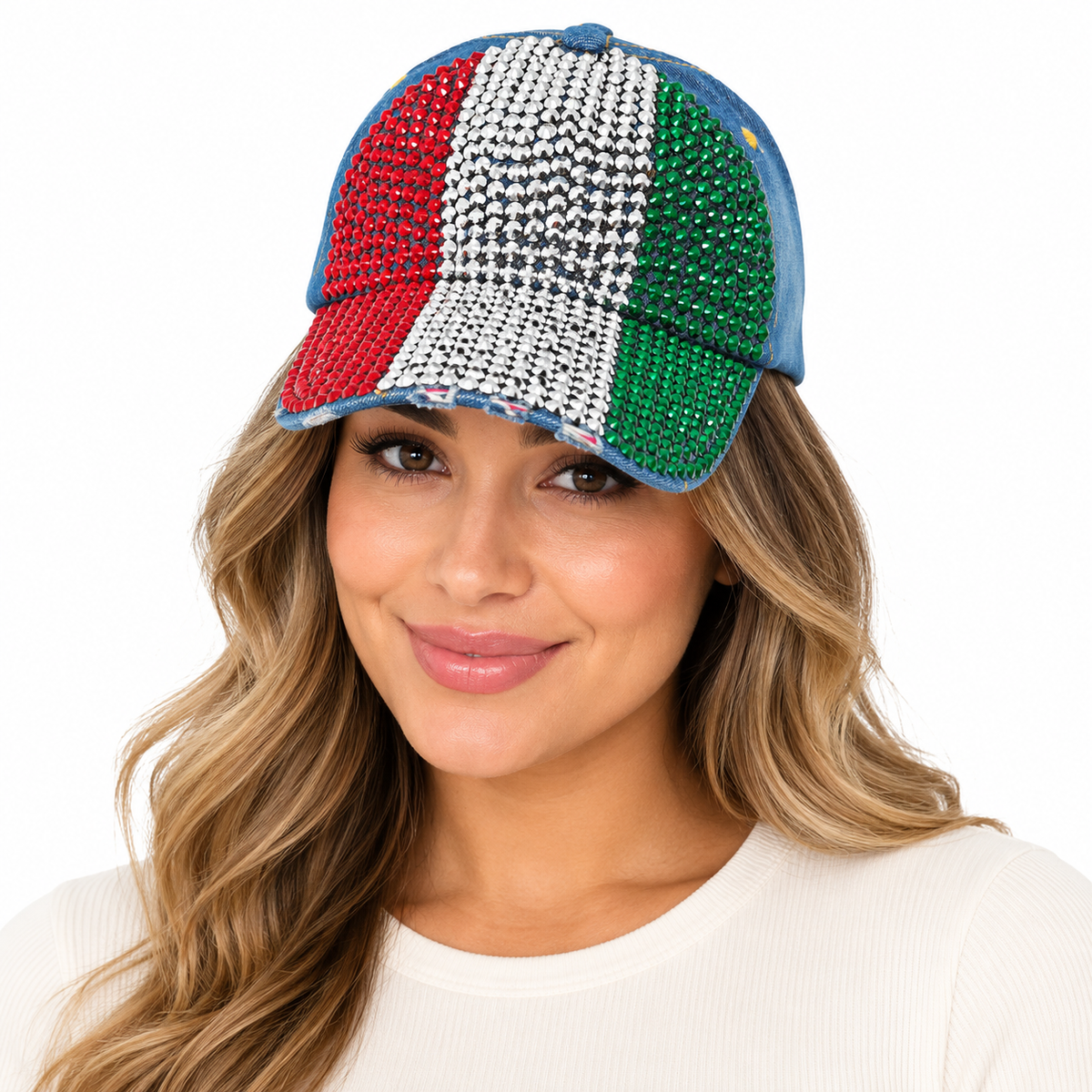 Model wearing Denim Rhinestone Baseball Cap: CA19028-4 Red, Silver & Green Stones