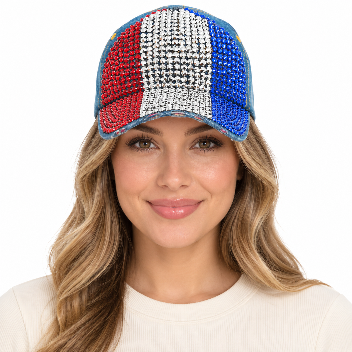 Model wearing Denim Rhinestone Baseball Cap: CA19029-1 Red, Silver & Blue Stones