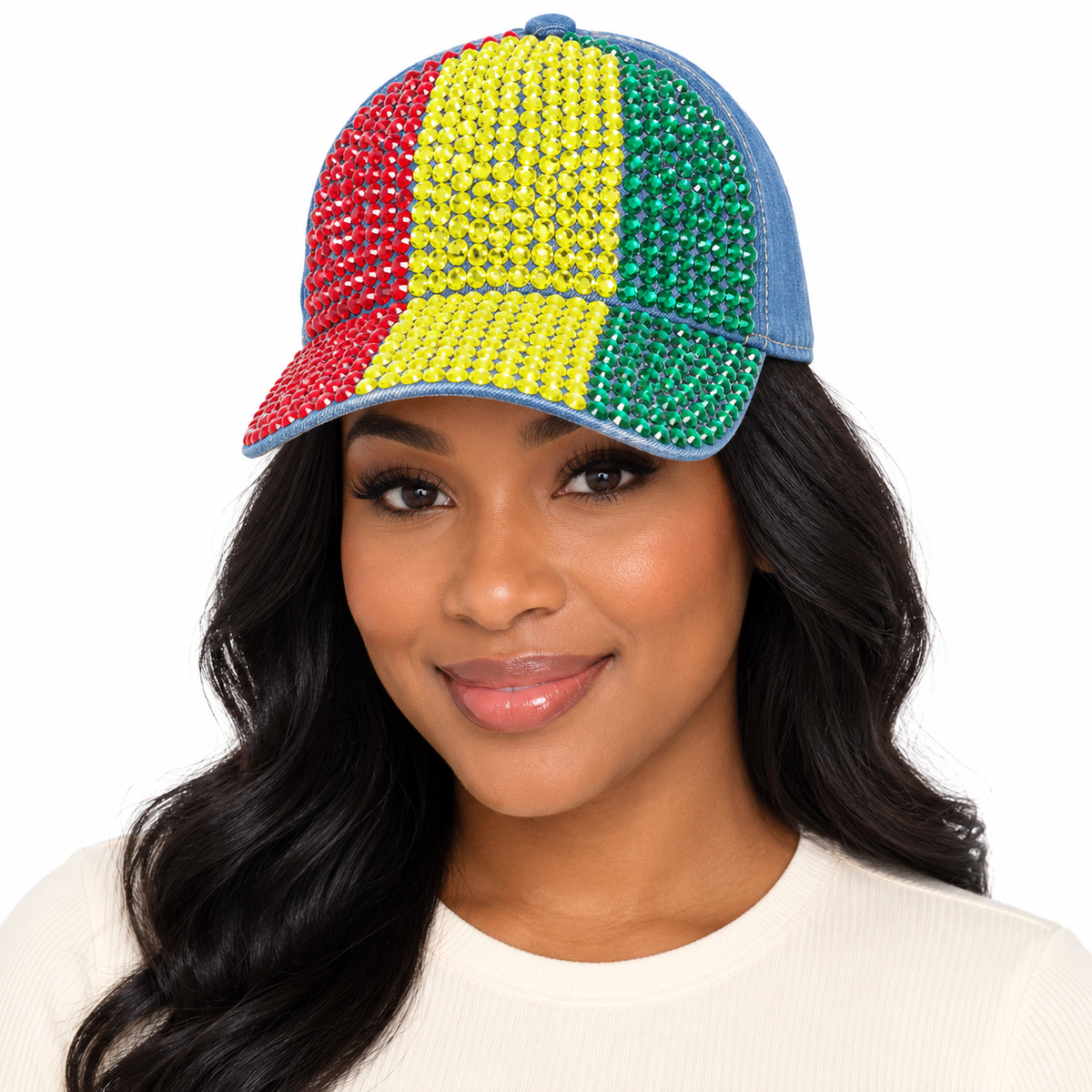 Model wearing Denim Rhinestone Baseball Cap: CA19029-2 Red, Yellow & Green Stones