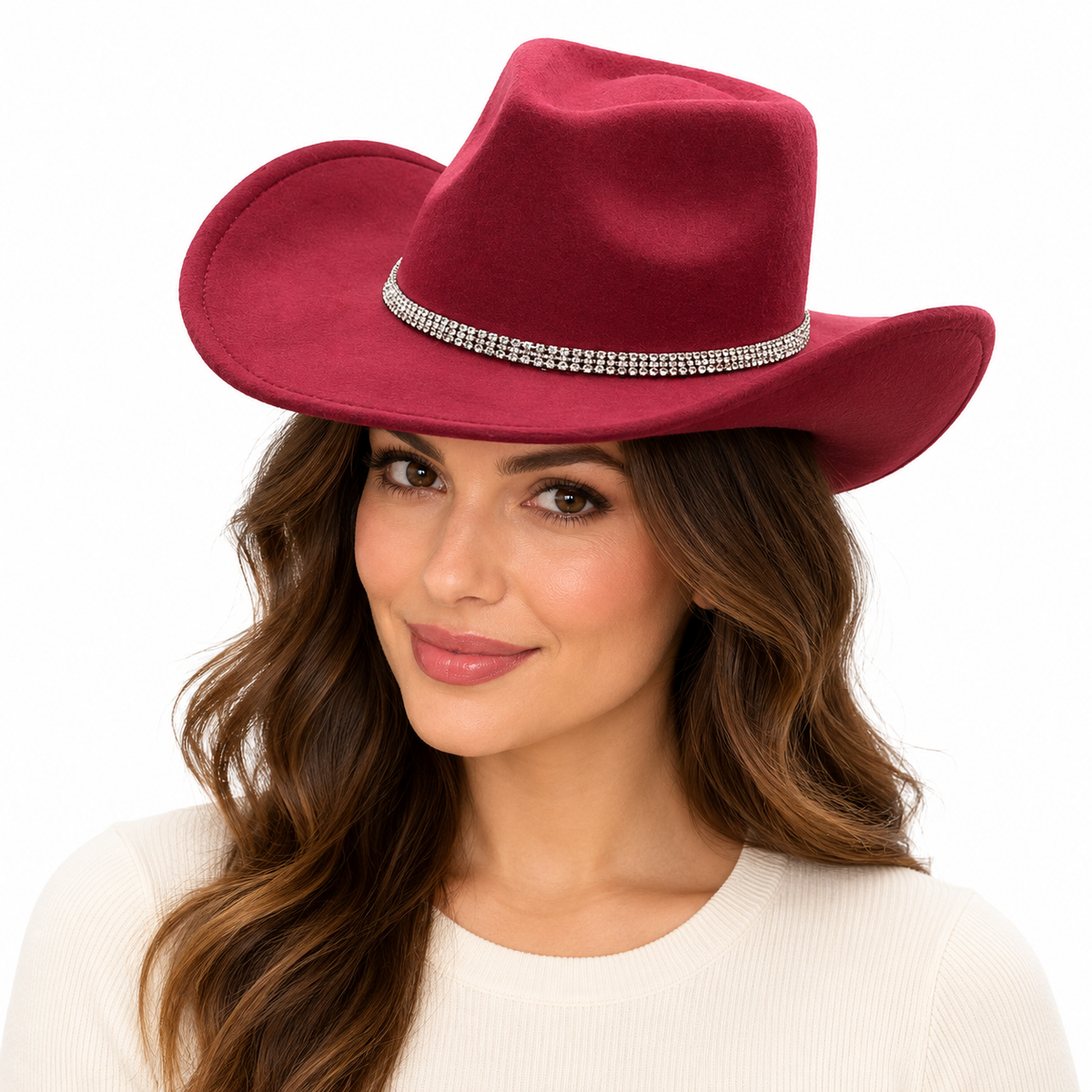 Model wearing Detachable Chain Cowboy Hat