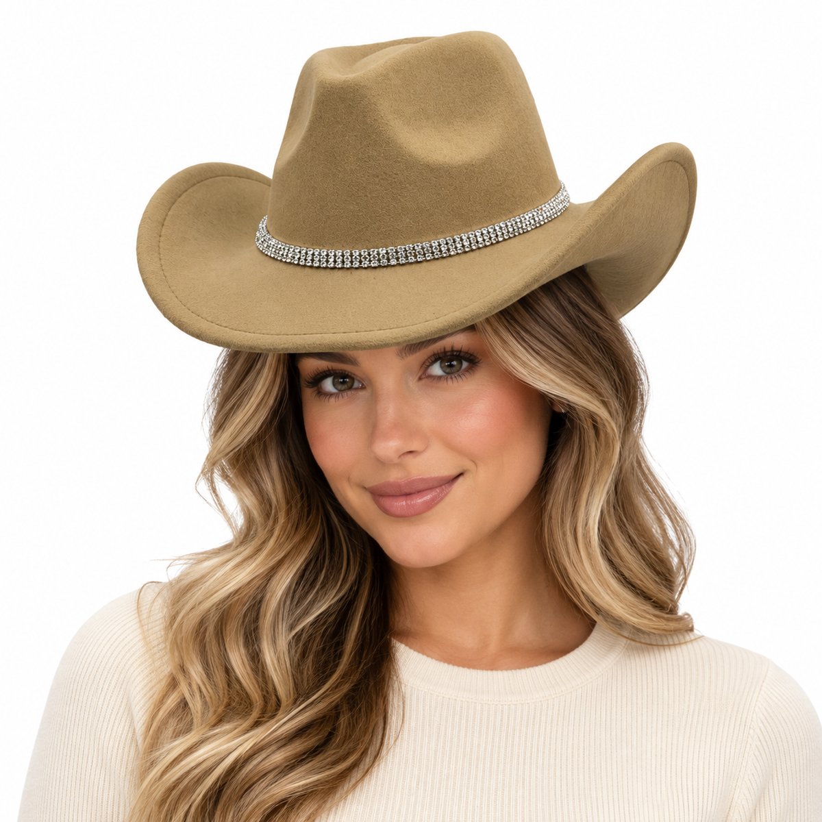 Model wearing Detachable Chain Cowboy Hat