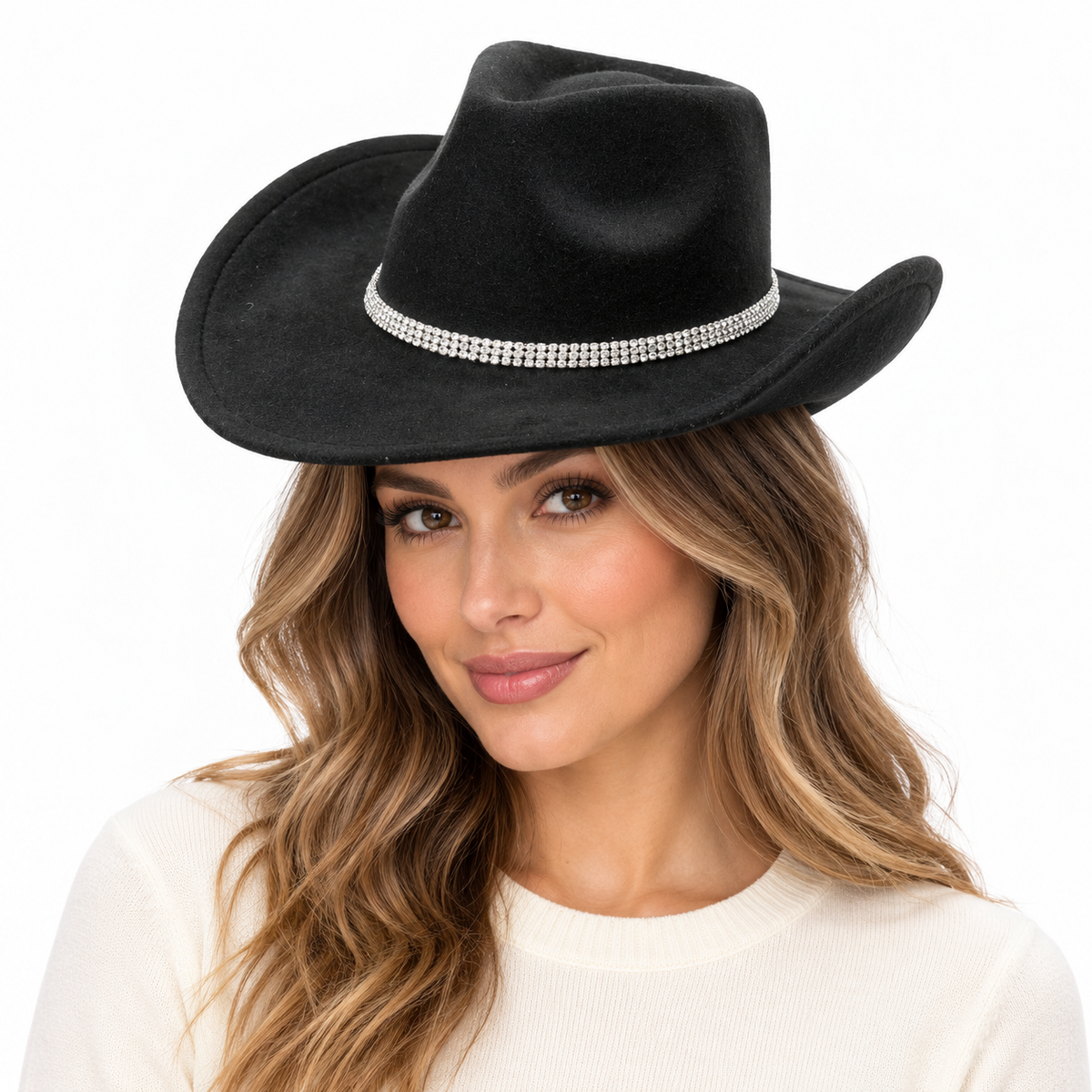 Model wearing Detachable Chain Cowboy Hat