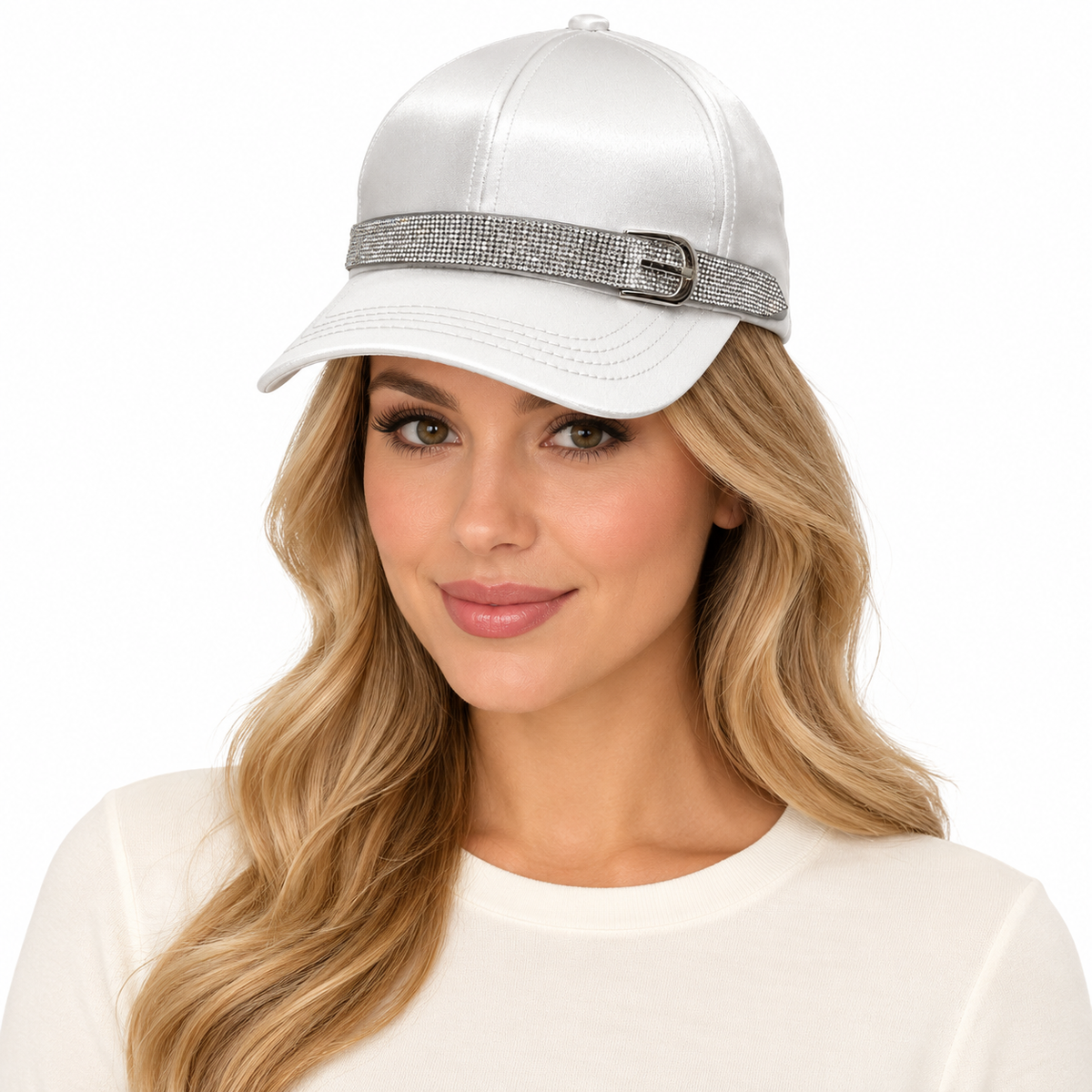 Model wearing Baseball Cap: CA045 Satin White Rhinestones Belt Detail Baseball Cap (Copy)