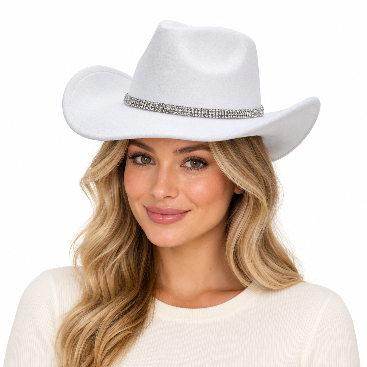 Model wearing Detachable Chain Cowboy Hat