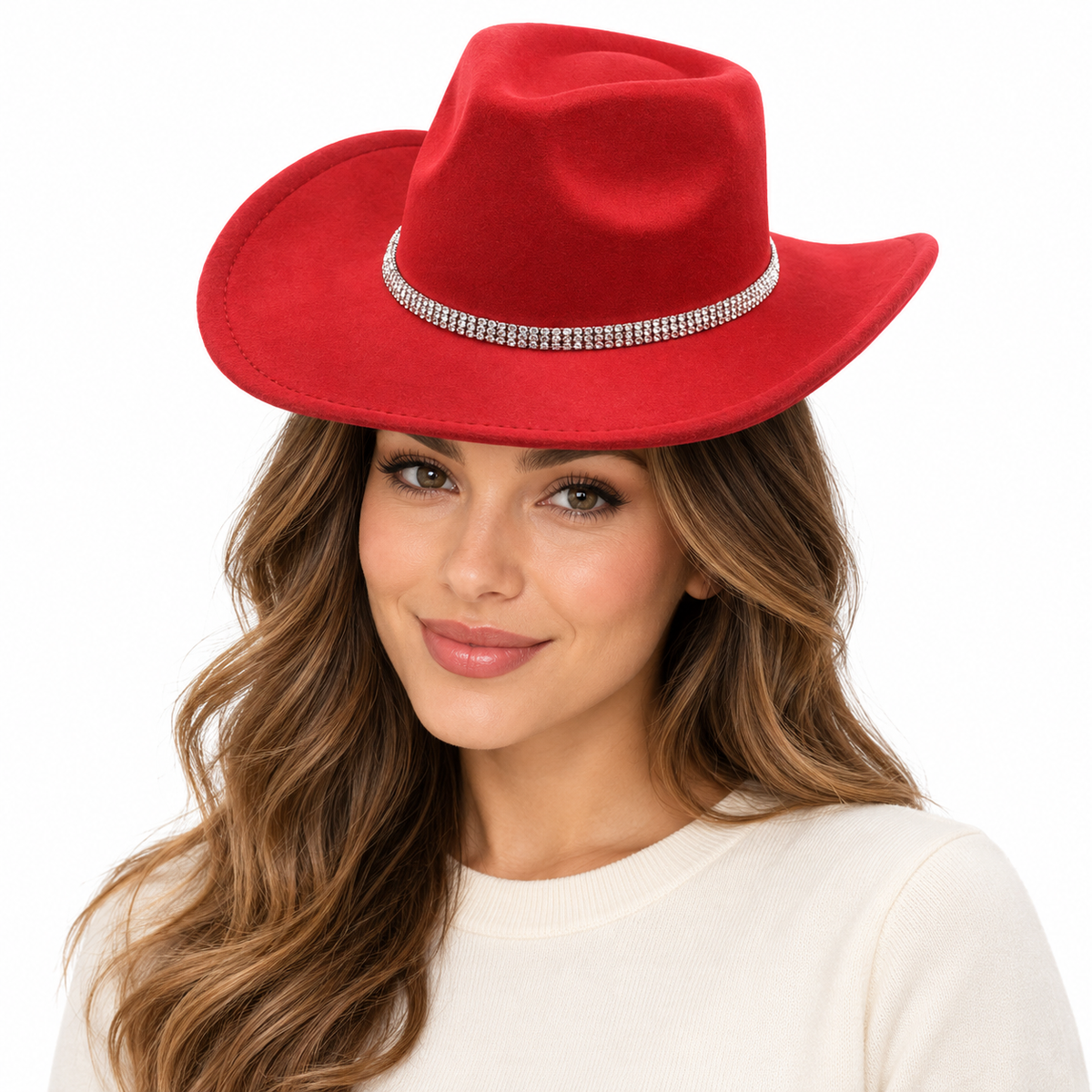 Model wearing Detachable Chain Cowboy Hat
