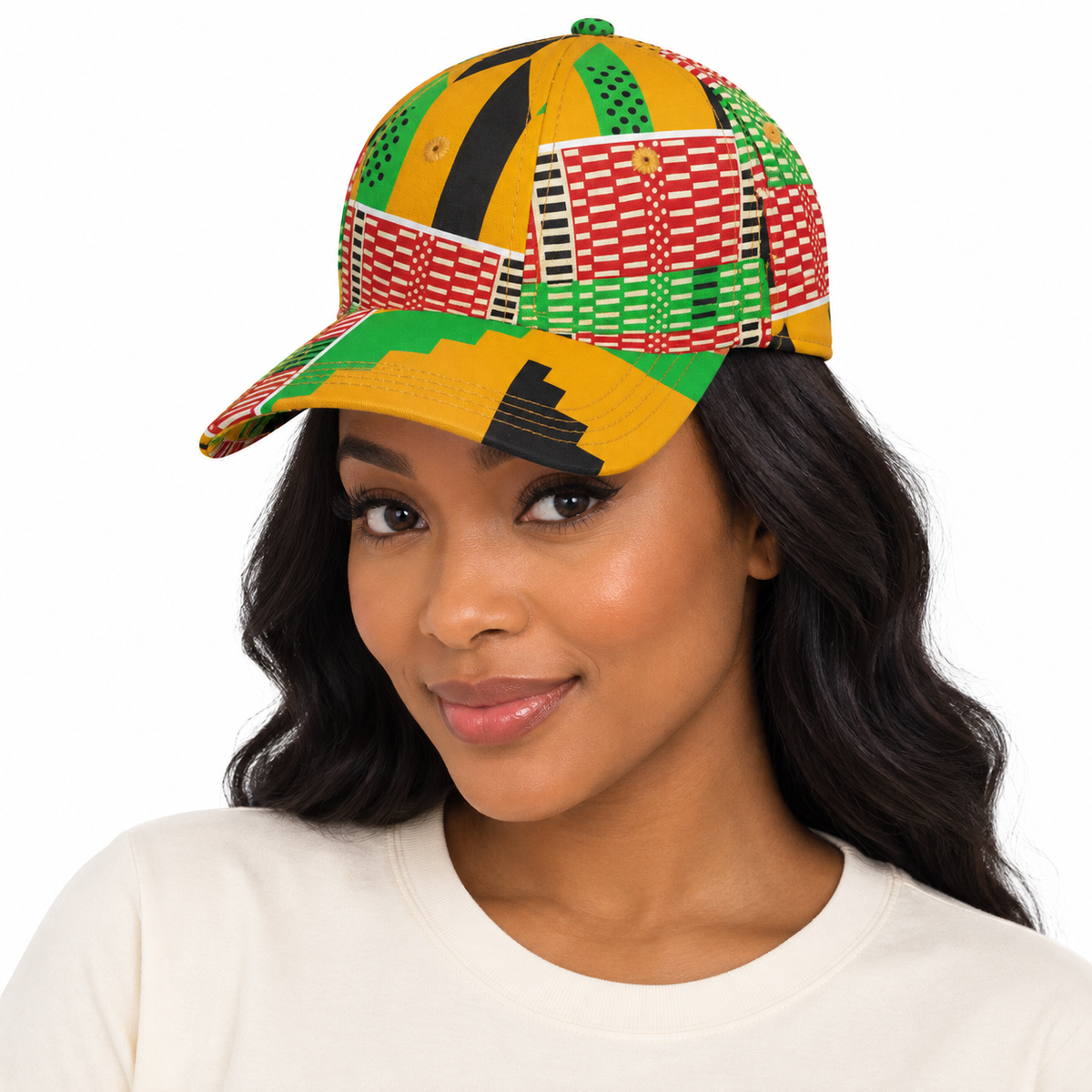Model wearing African Print Baseball Cap: CA070