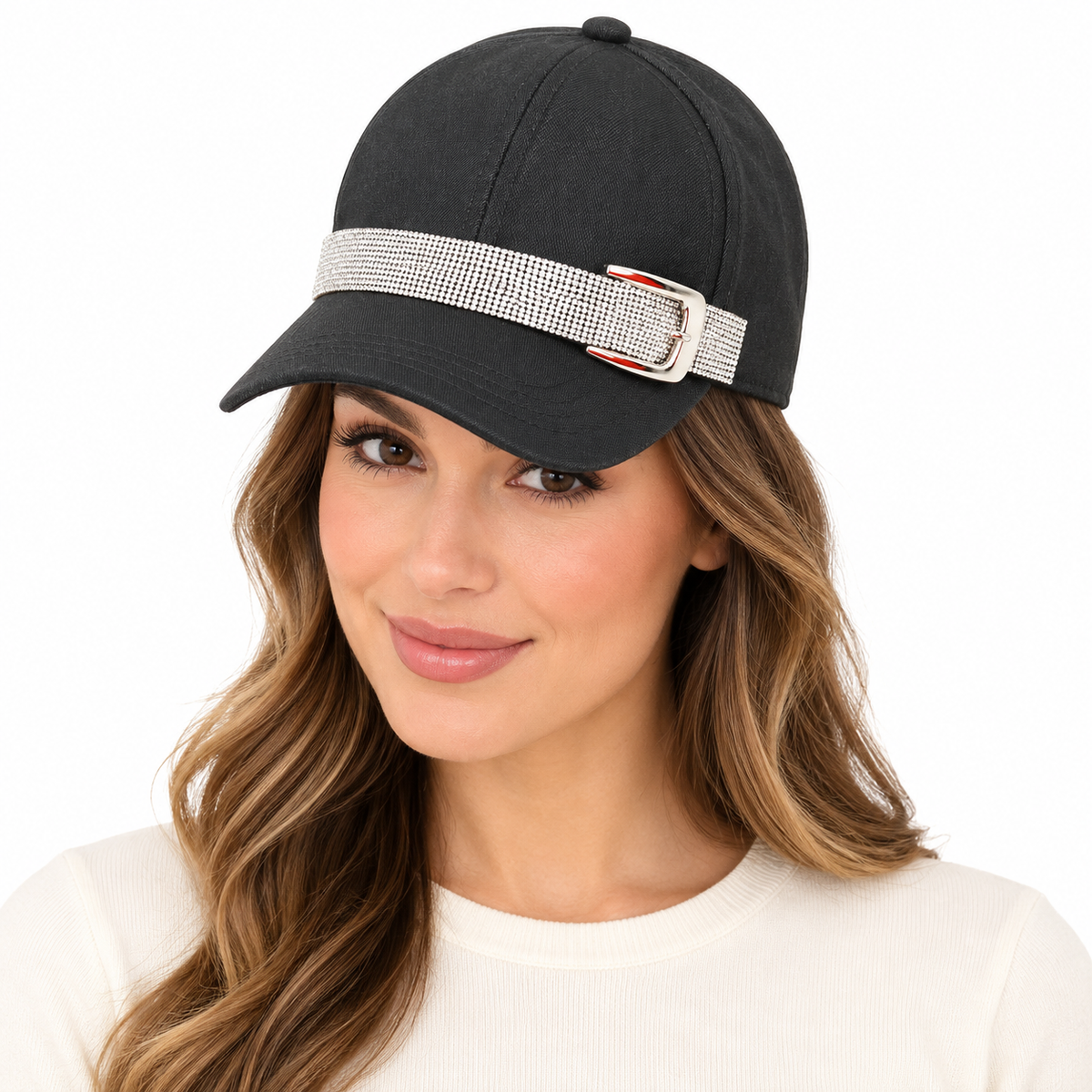 Model wearing Baseball Cap: CA047 Black Denim Rhinestones Belt Detail Baseball Cap