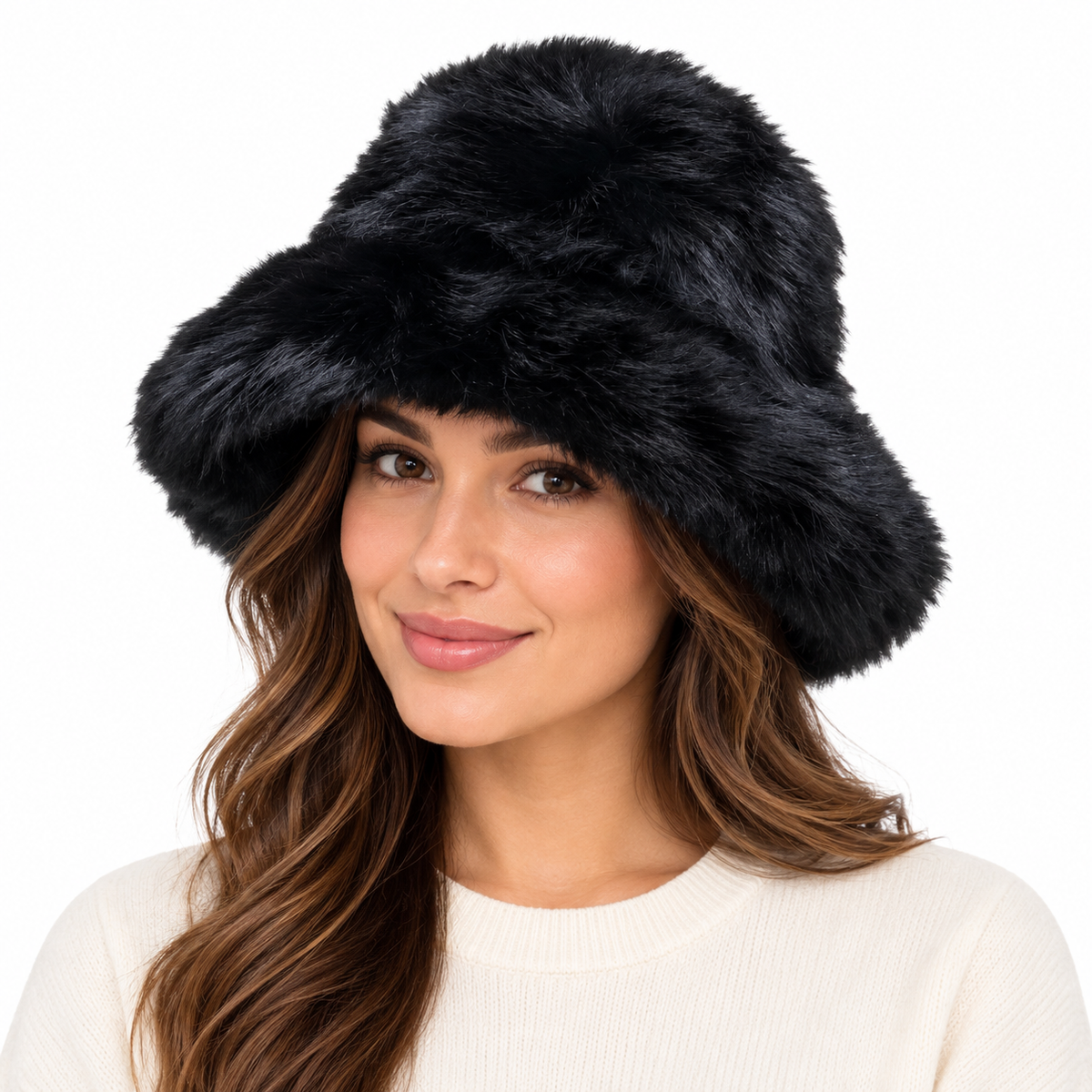 Model wearing Faux Fur Bucket Hat