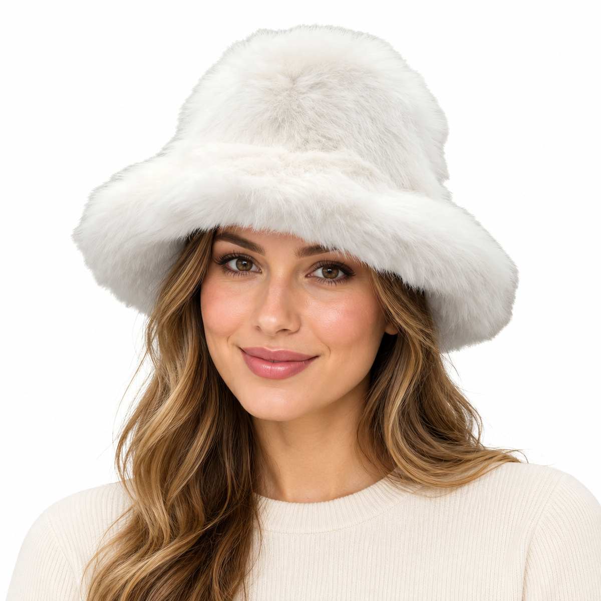 Model wearing Faux Fur Bucket Hat