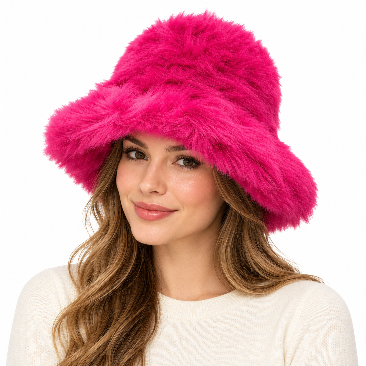 Model wearing Faux Fur Bucket Hat