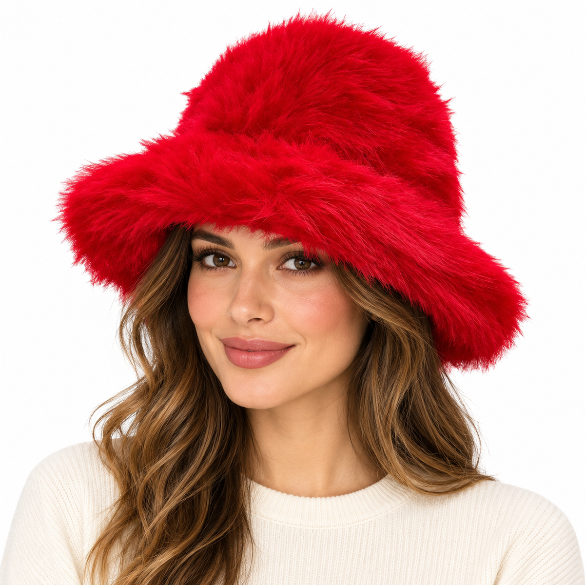 Model wearing Faux Fur Bucket Hat