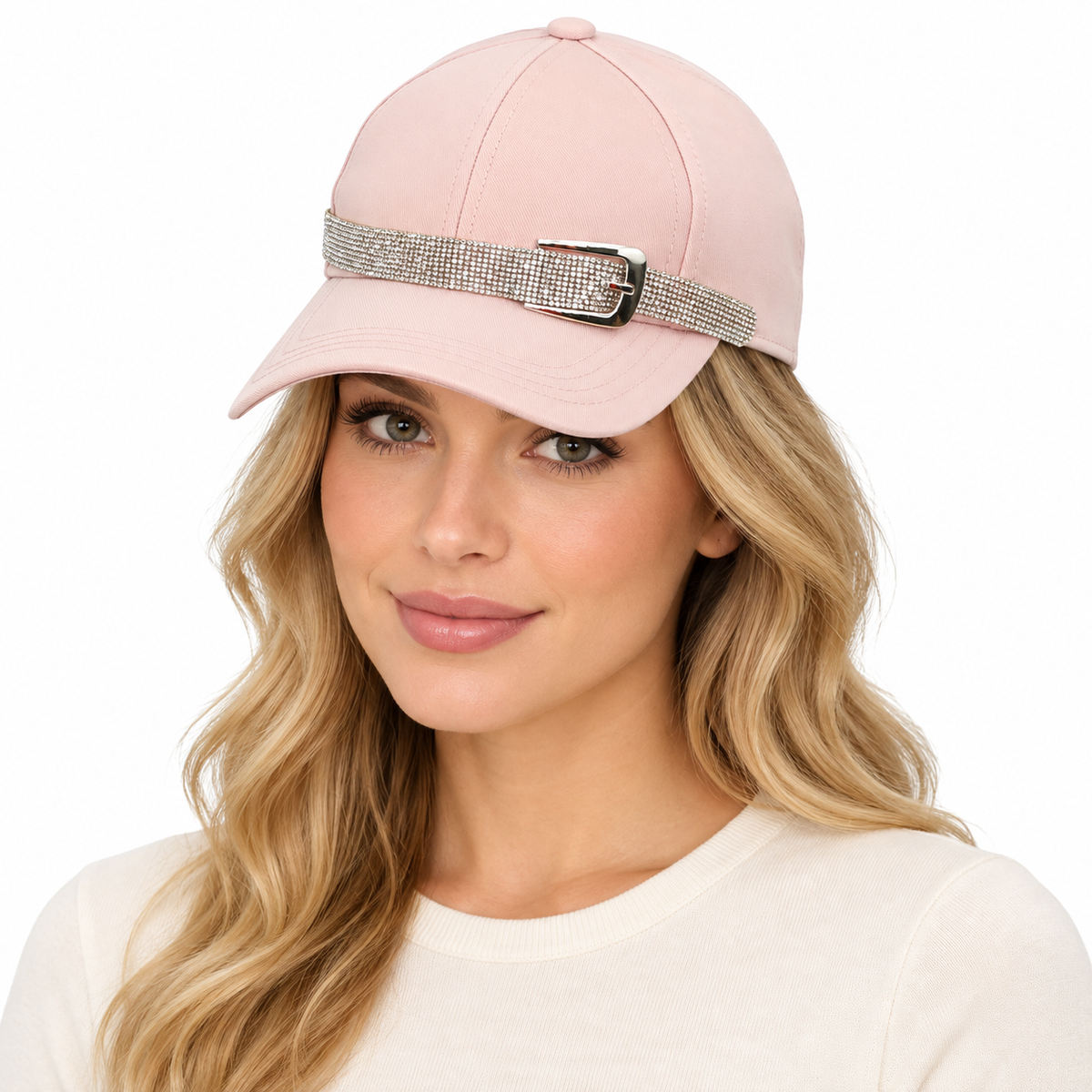 Model wearing Baseball Cap: CA047 Light Pink Denim Rhinestones Belt Detail Baseball Cap