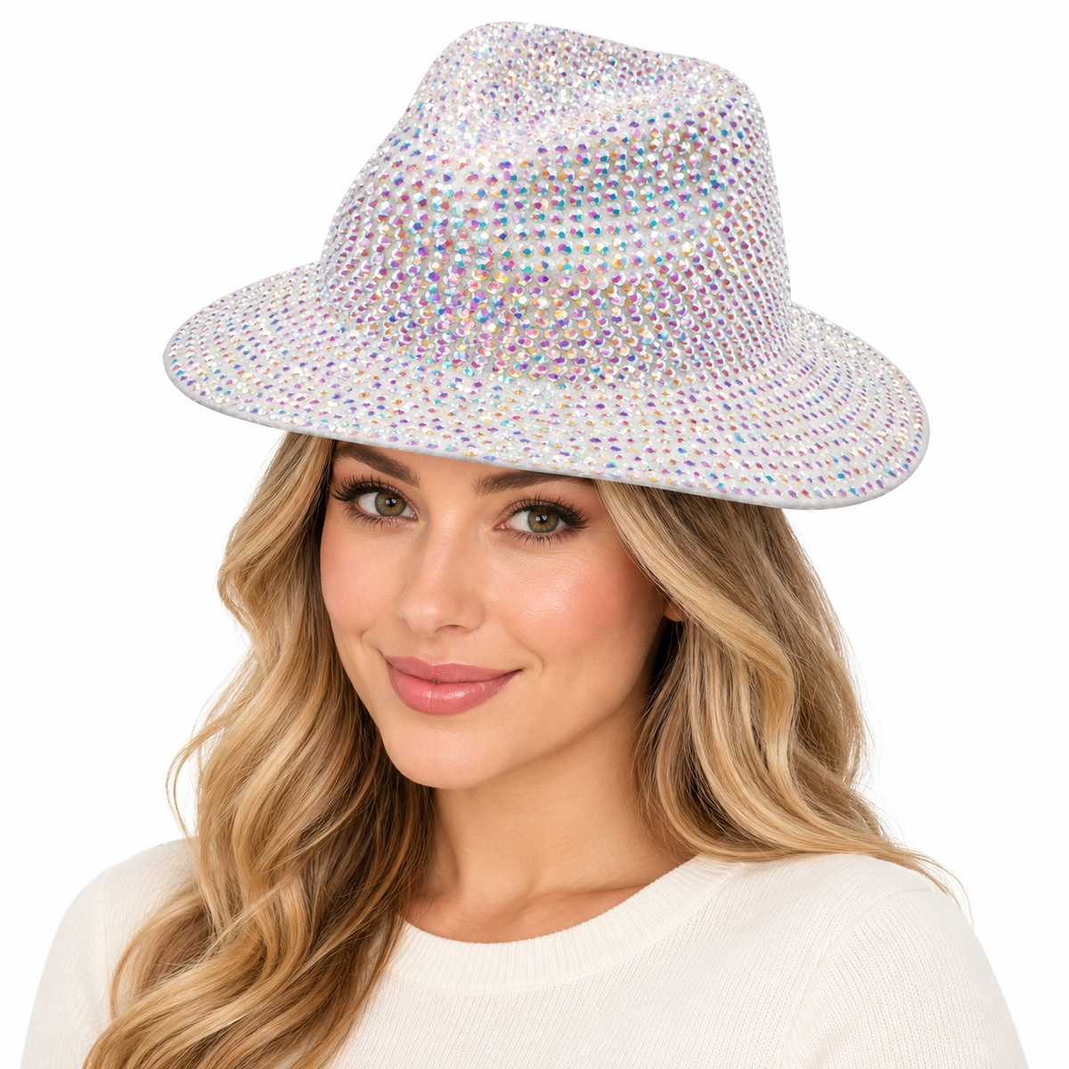 Model wearing Fedora Hat: CA054 AB Rhinestone Fedora Hat