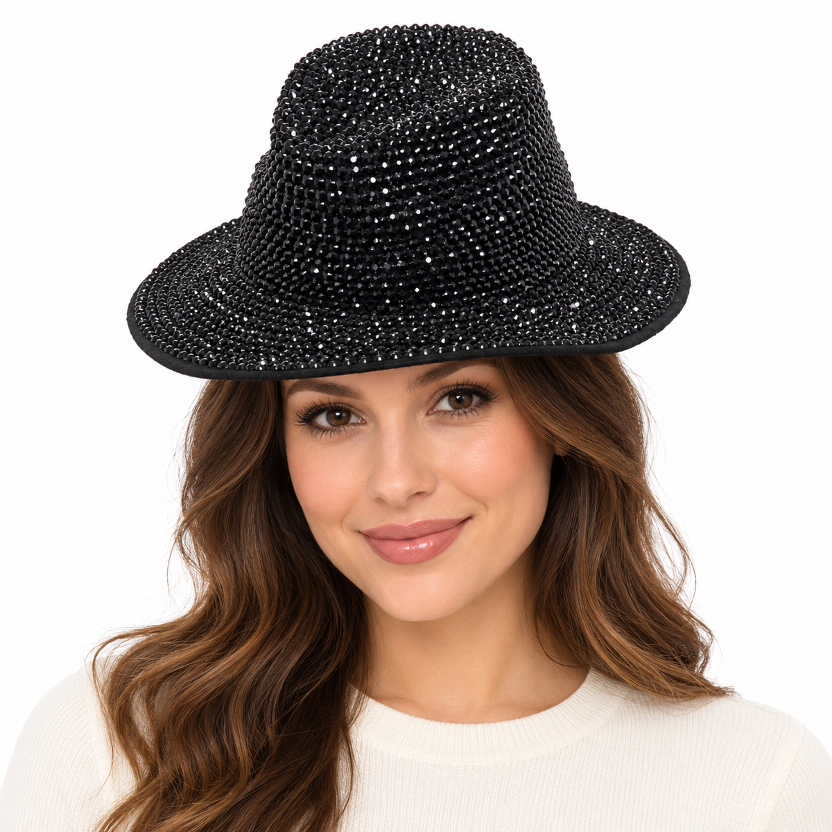 Model wearing Fedora Hat: CA054 Black Rhinestone Fedora Hat