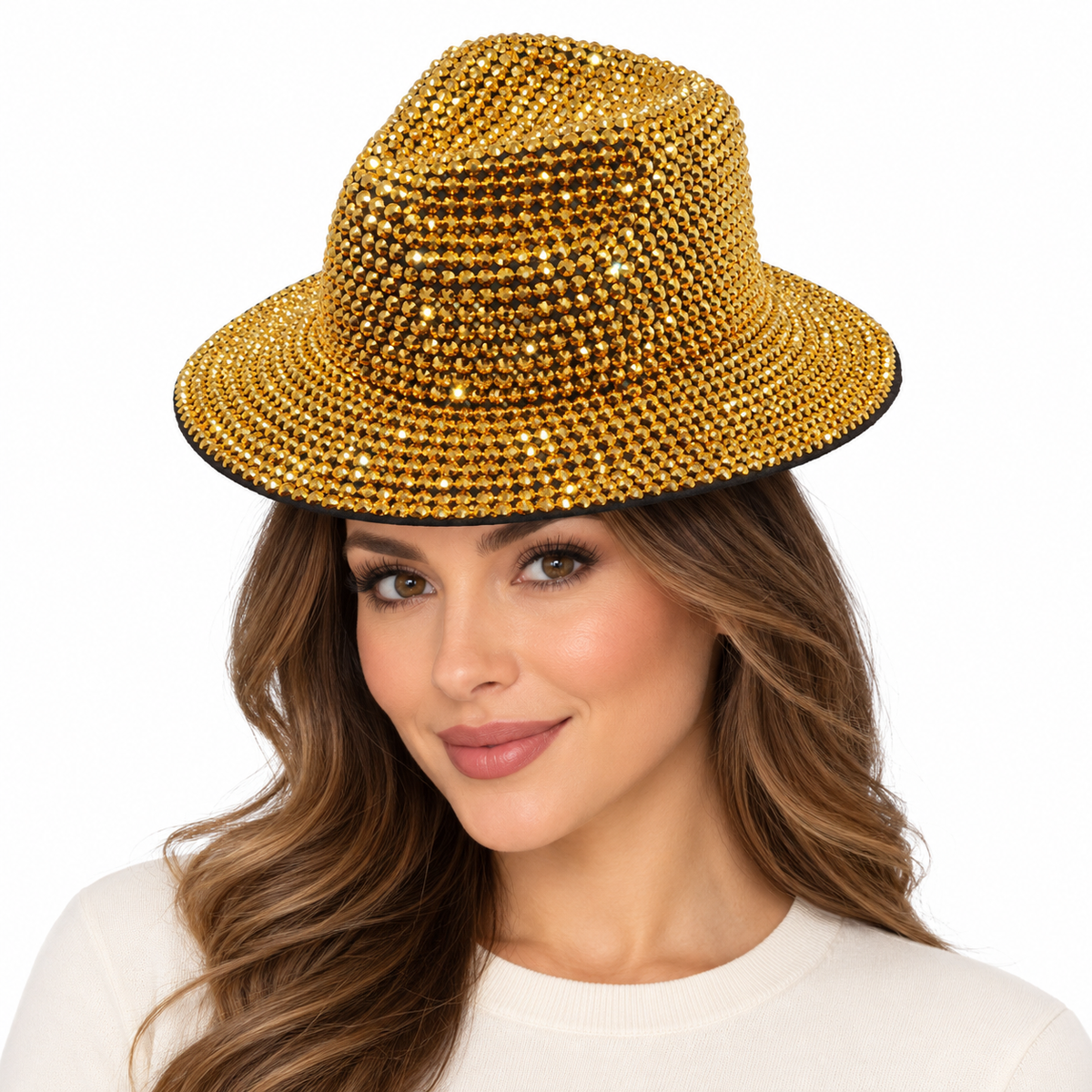 Model wearing Fedora Hat: CA054 Gold Rhinestone Fedora Hat