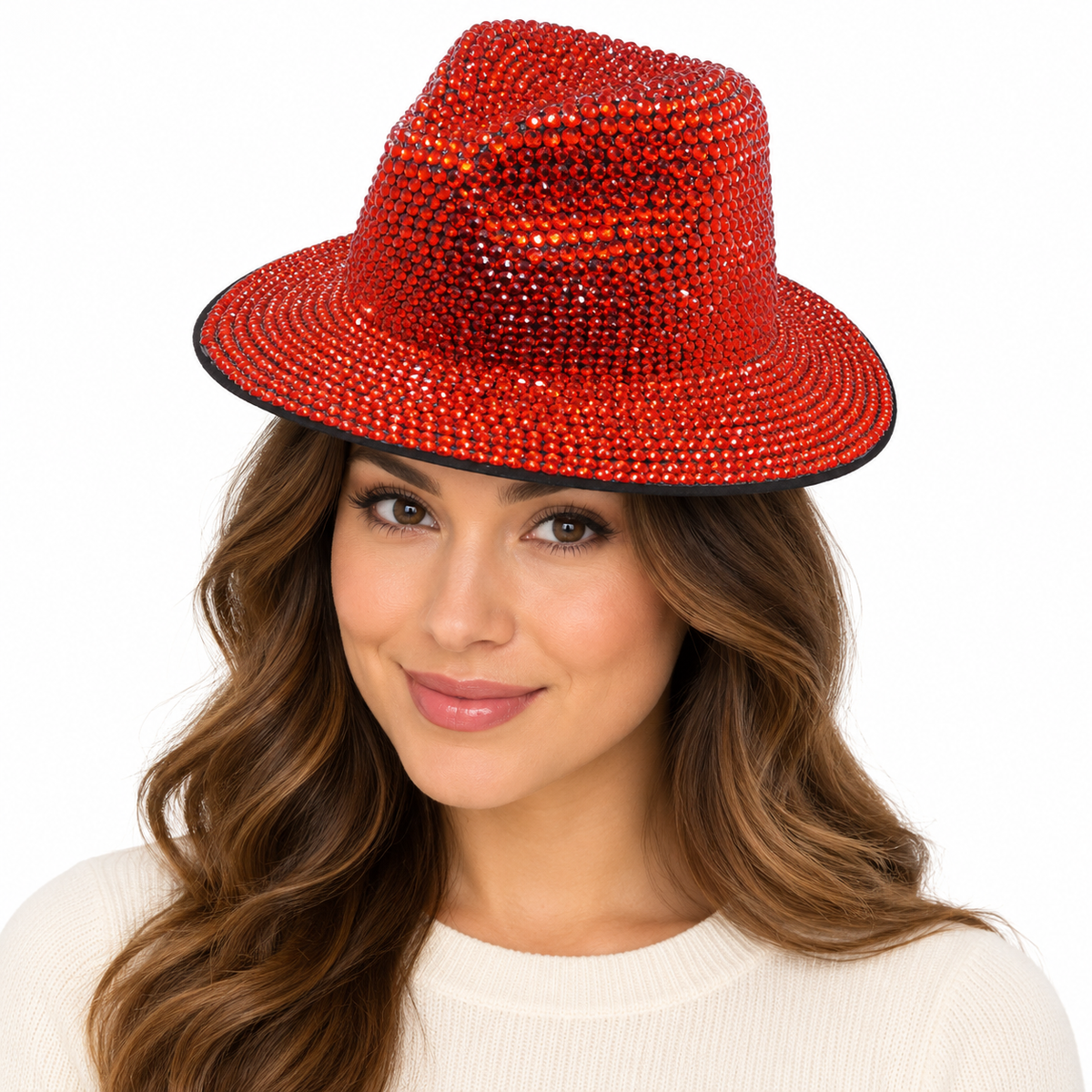 Model wearing Fedora Hat: CA054 Red Rhinestone Fedora Hat
