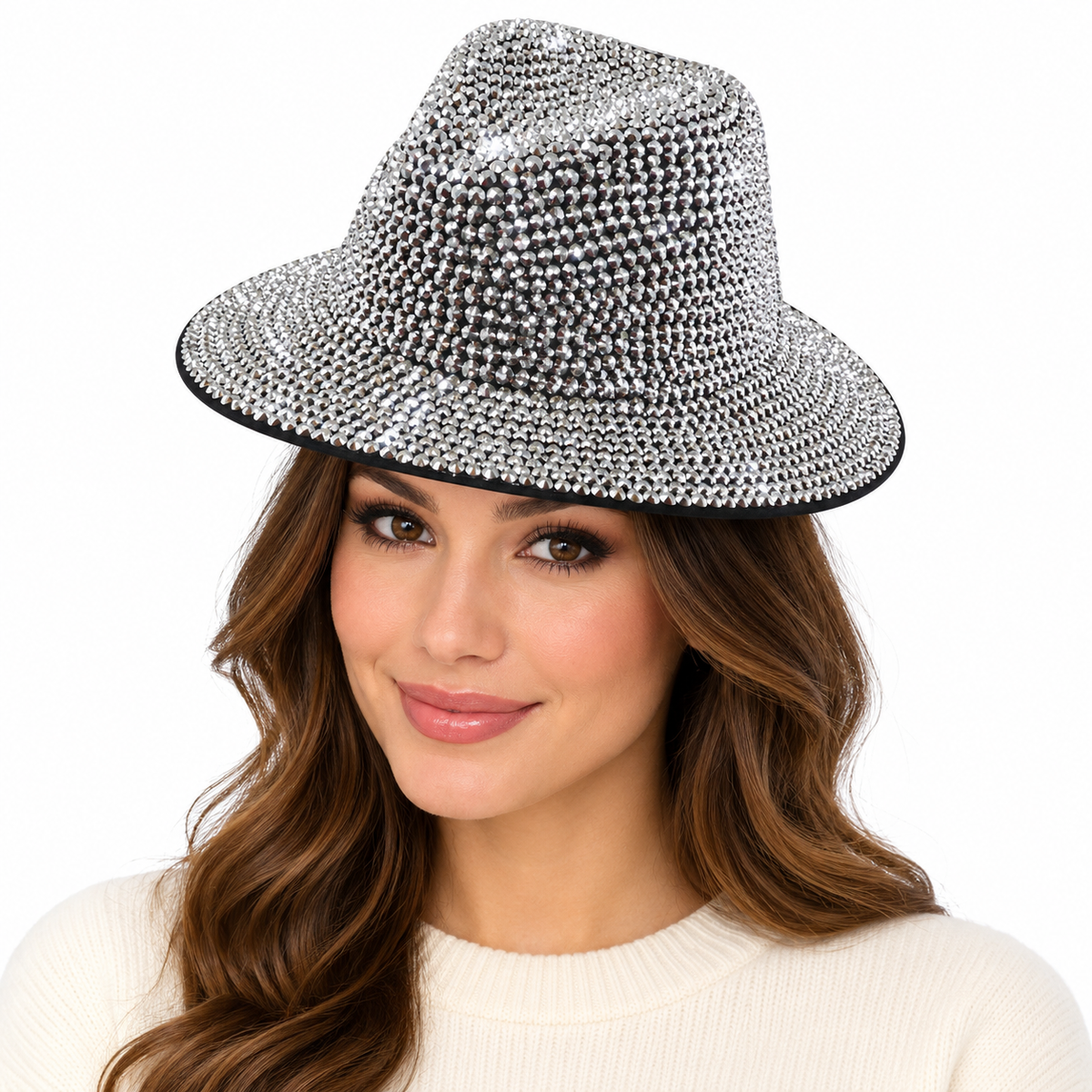 Model wearing Fedora Hat: CA054 Silver Rhinestone Fedora Hat