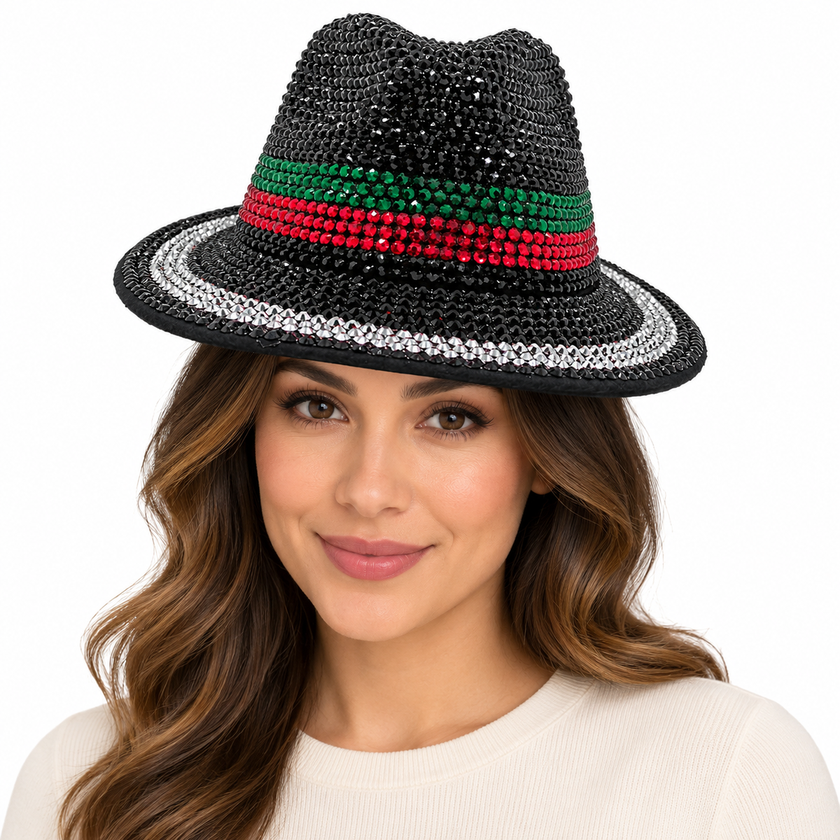 Model wearing Fedora Hat: CA054B-G-R Silver Rhinestone Fedora Hat