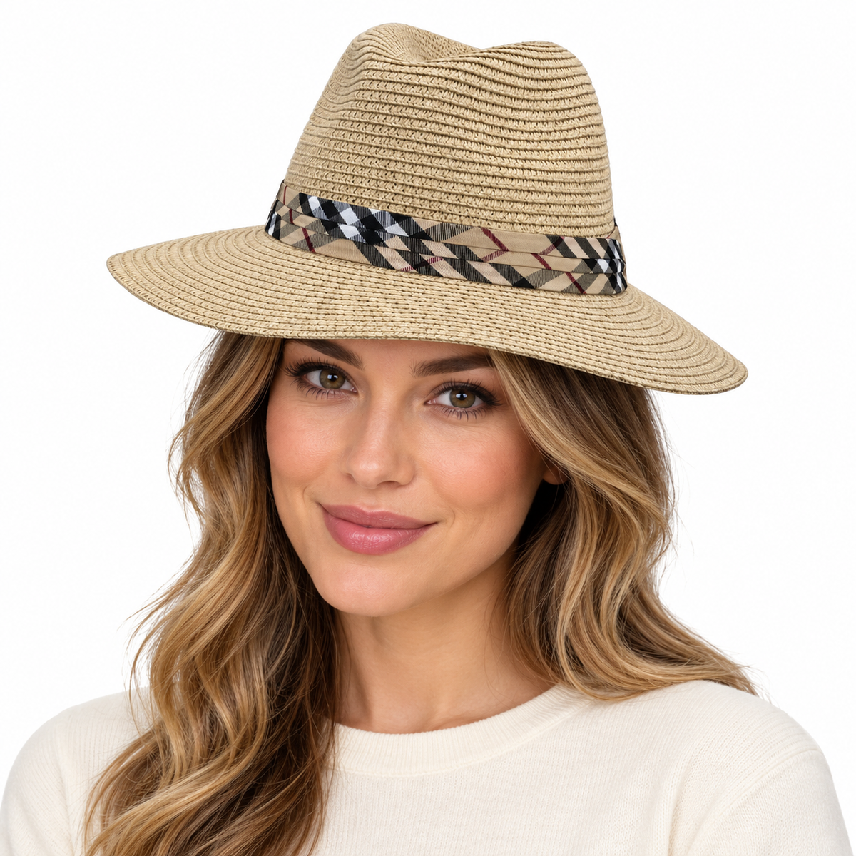 Model wearing Fedora Hat: HAV900 Beige Fedora Hat
