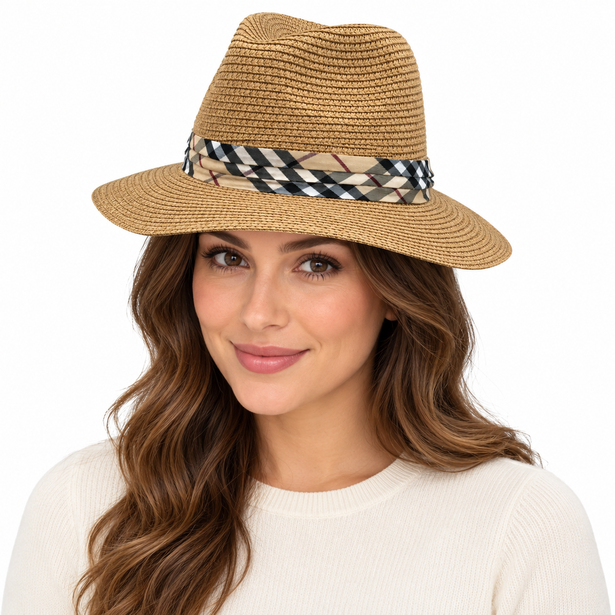 Model wearing Fedora Hat: HAV900 Camel Fedora Hat