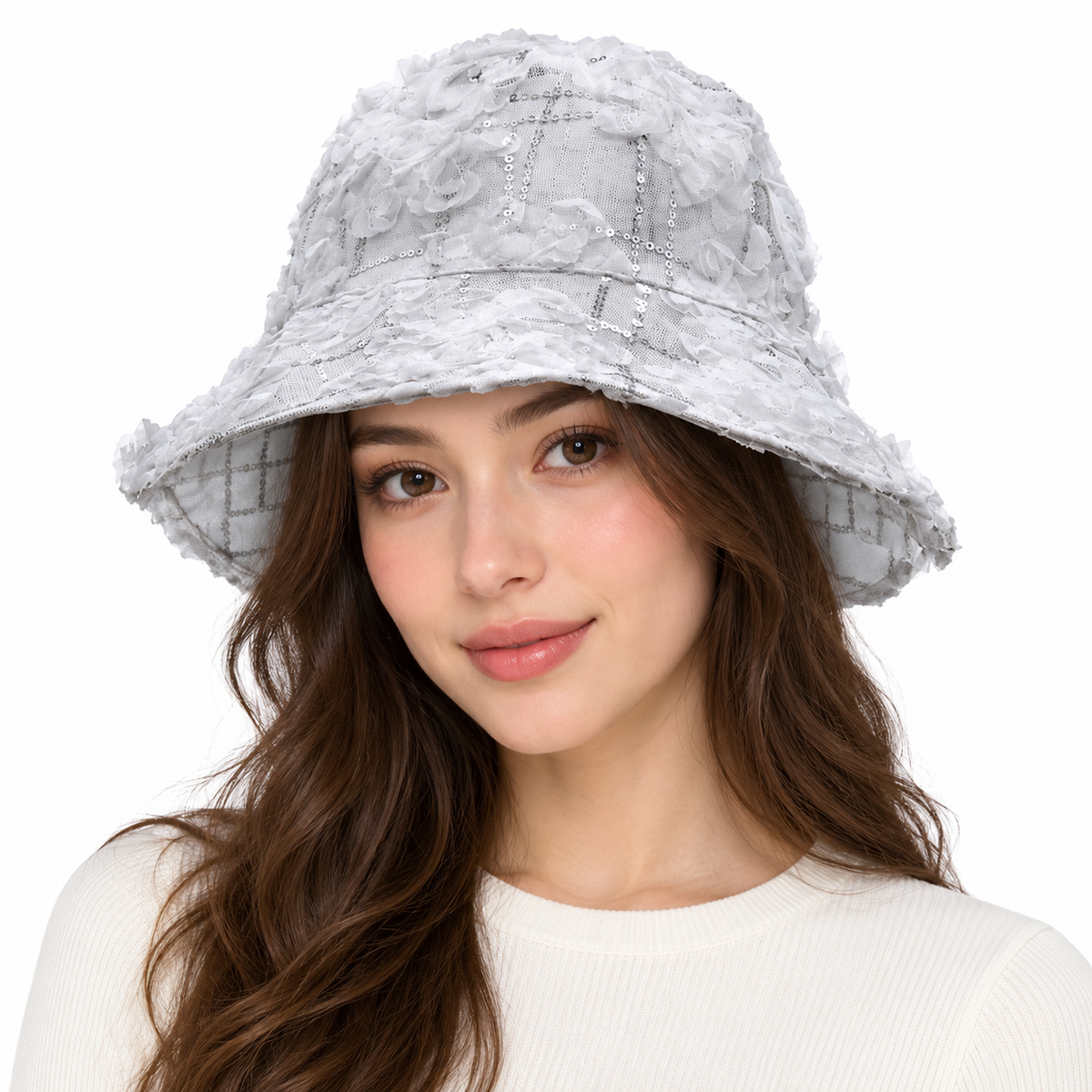 Model wearing Floral Lace Sequin Bucket Hat