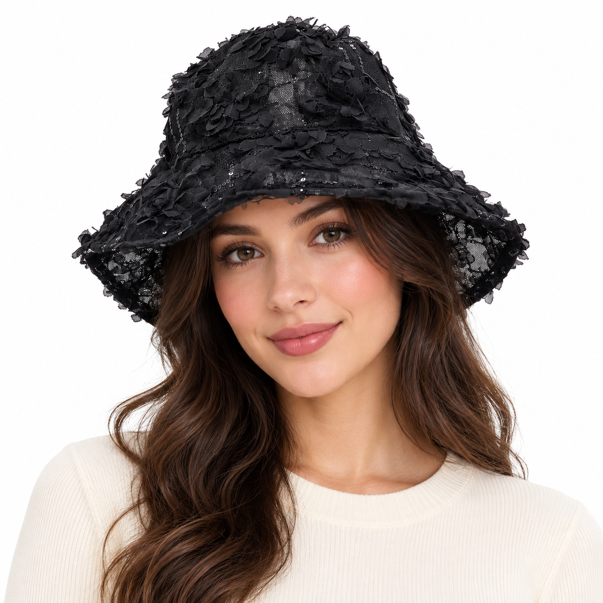 Model wearing Floral Lace Sequin Bucket Hat