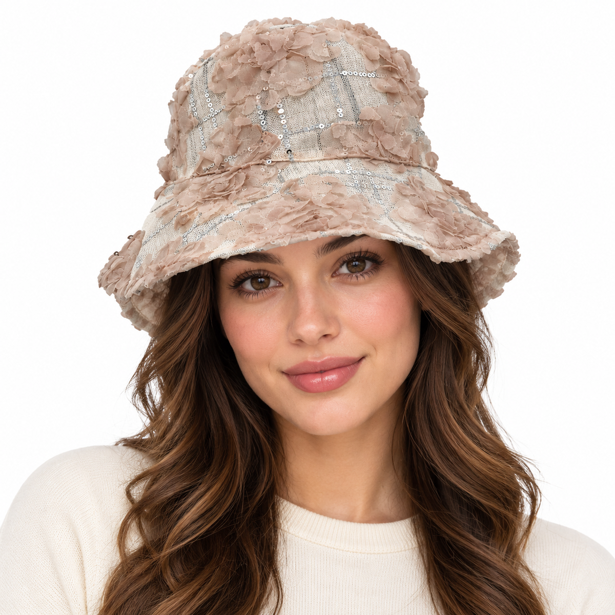 Model wearing Floral Lace Sequin Bucket Hat