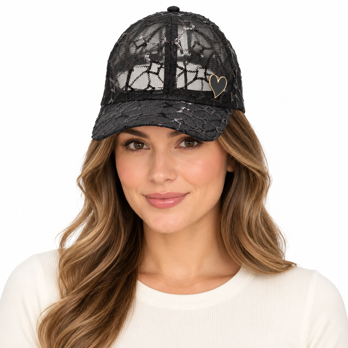 Model wearing Baseball Cap: CA2313 Black Mesh with Black Sequin Design & Gold Heart Detail