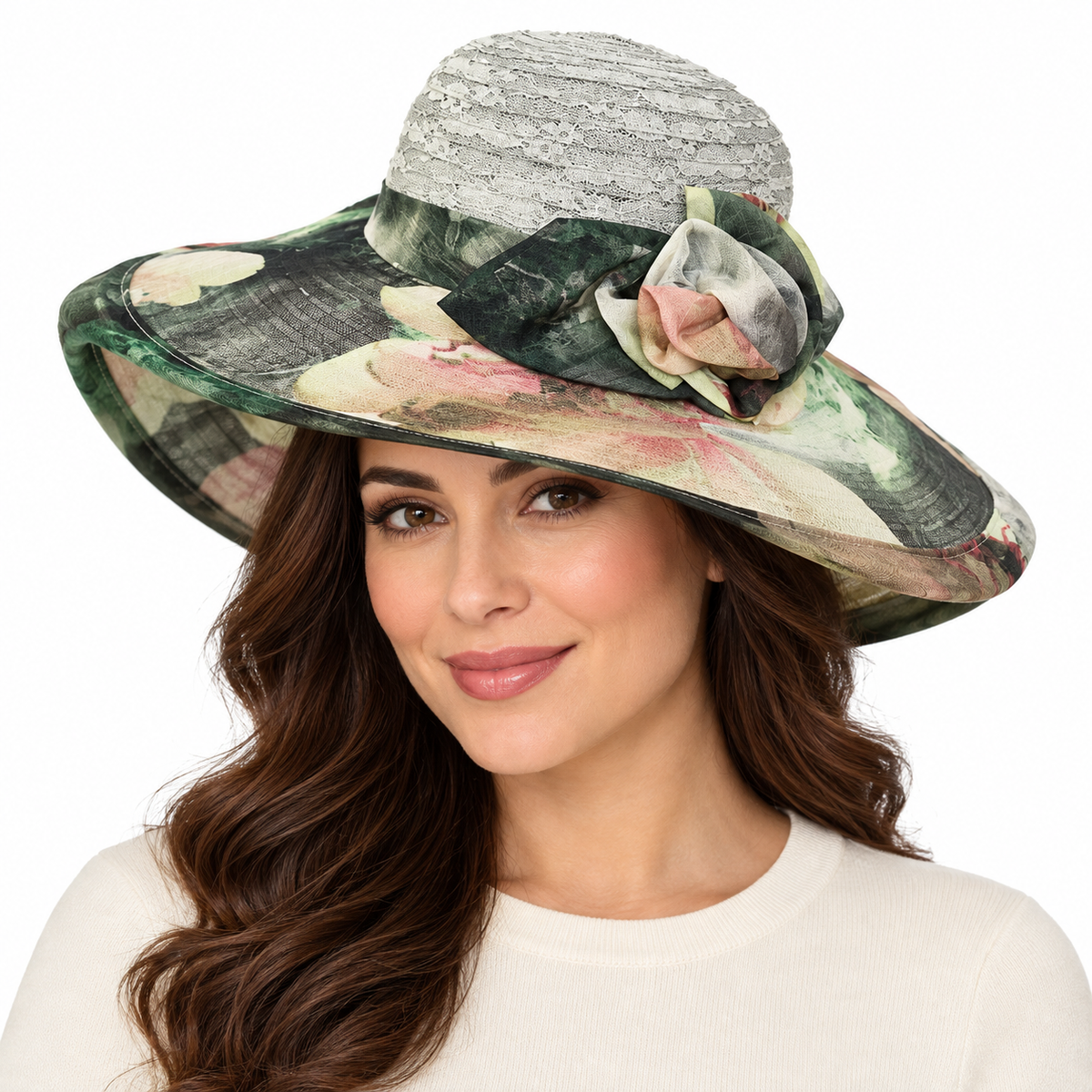 Model wearing Floral Print Church Hat
