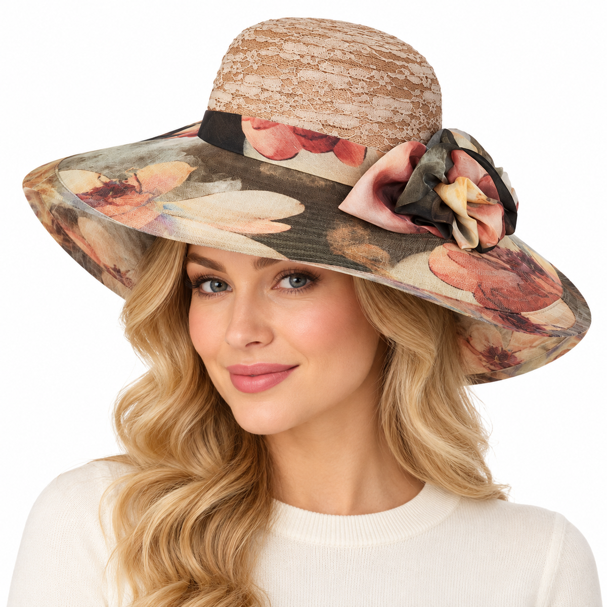 Model wearing Floral Print Church Hat