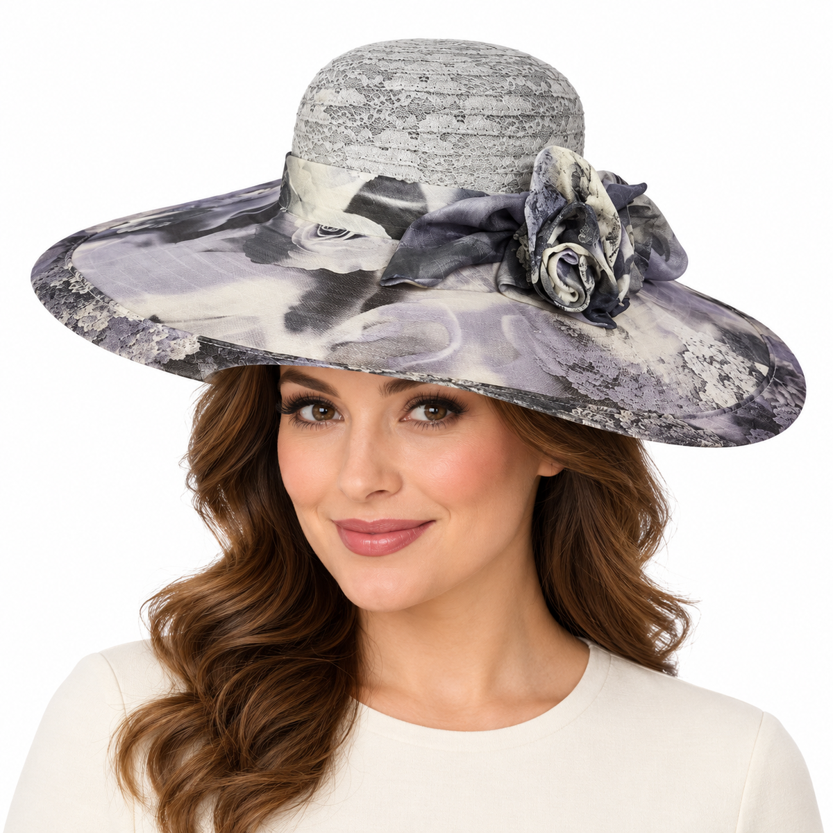 Model wearing Floral Print Church Hat
