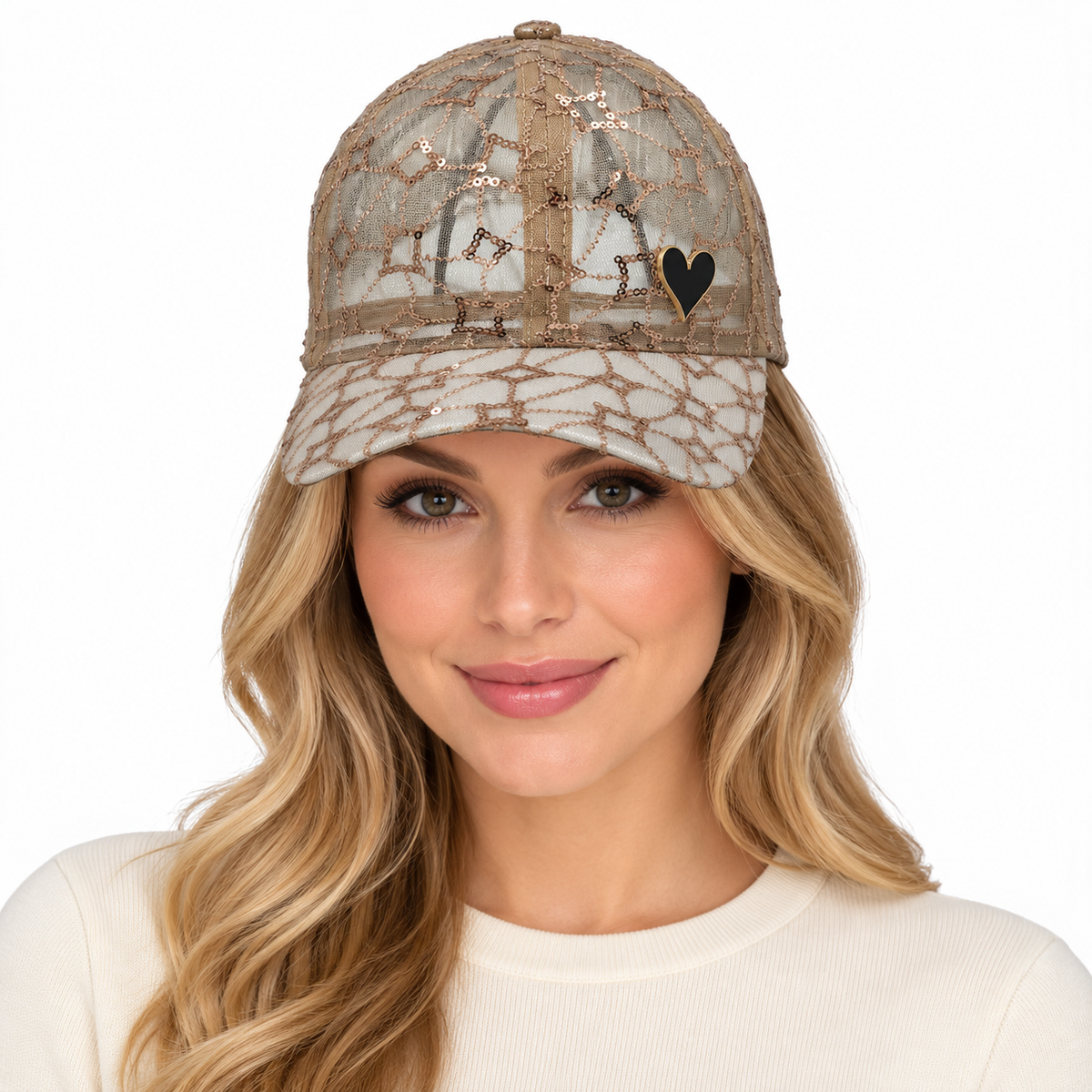 Model wearing Baseball Cap: CA2313 Camel Mesh with Rose Gold Sequin Design & Gold Heart Detail