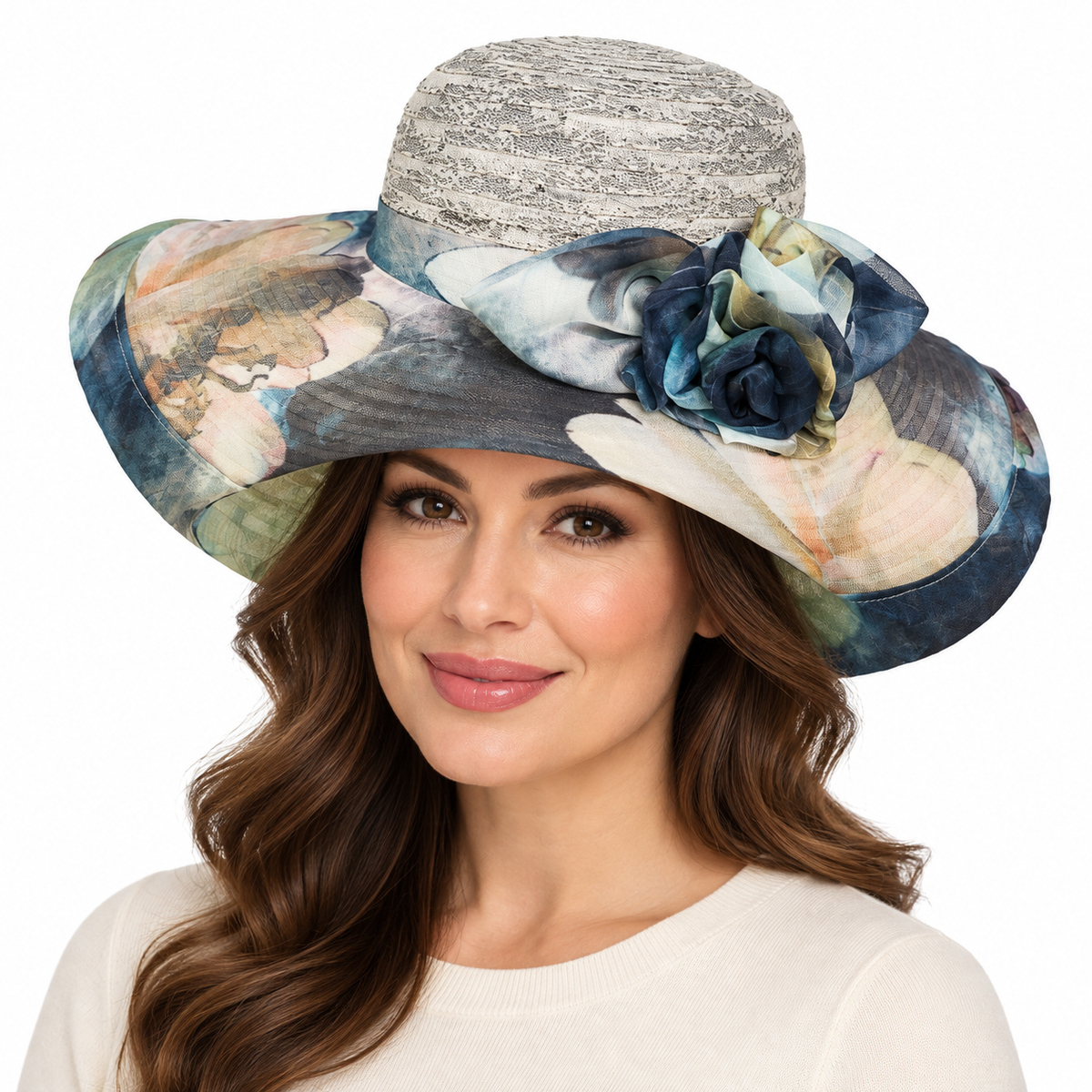 Model wearing Floral Print Church Hat