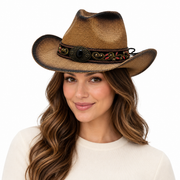 Model wearing Hard Straw Cowboy Hat