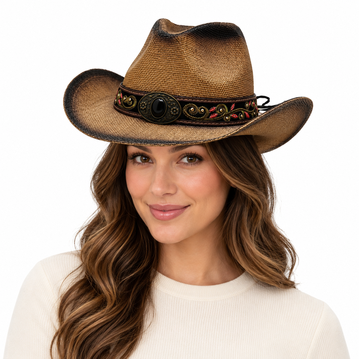 Model wearing Hard Straw Cowboy Hat