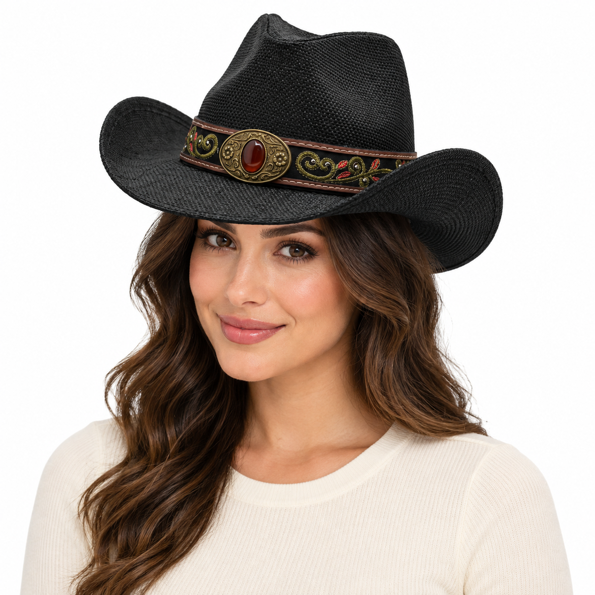 Model wearing Hard Straw Cowboy Hat
