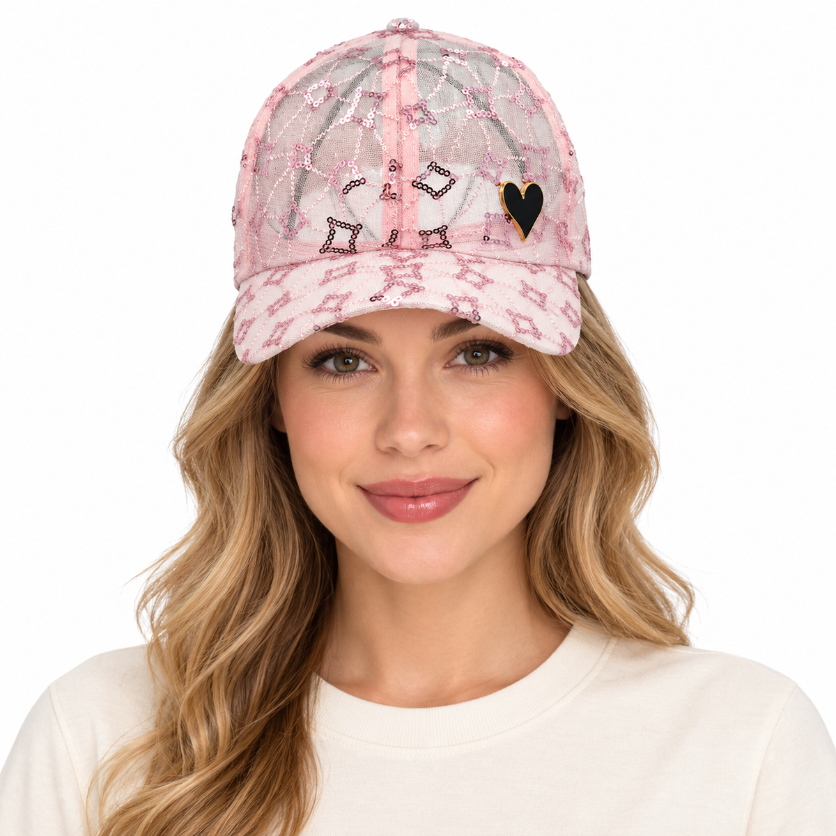 Model wearing Baseball Cap: CA2313 Pink Mesh with Sequin Design Cap & Gold Heart Detail