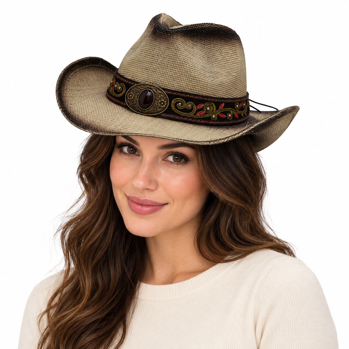 Model wearing Hard Straw Cowboy Hat