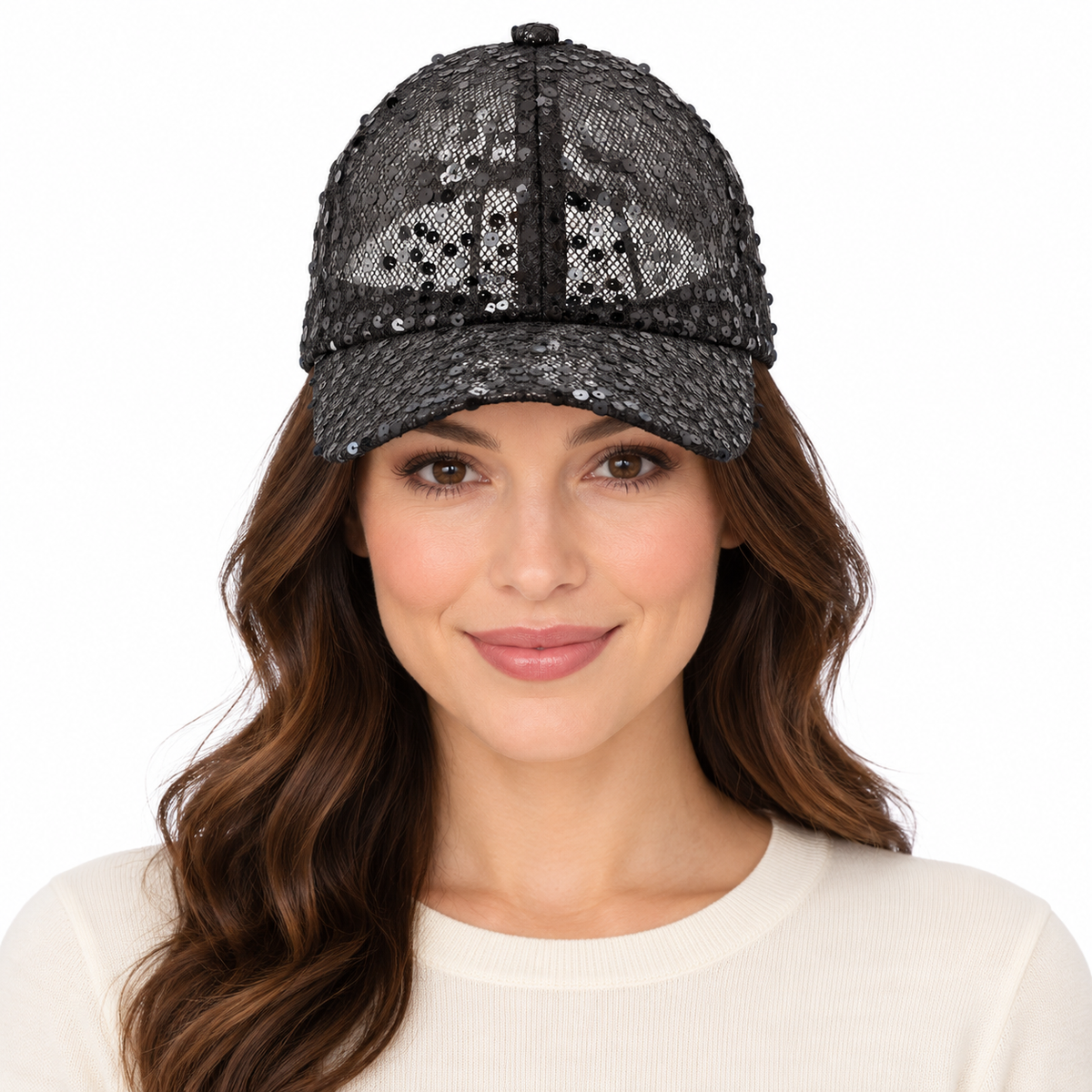 Model wearing Baseball Cap: CA2314 Black Mesh with Black Sequin Cap