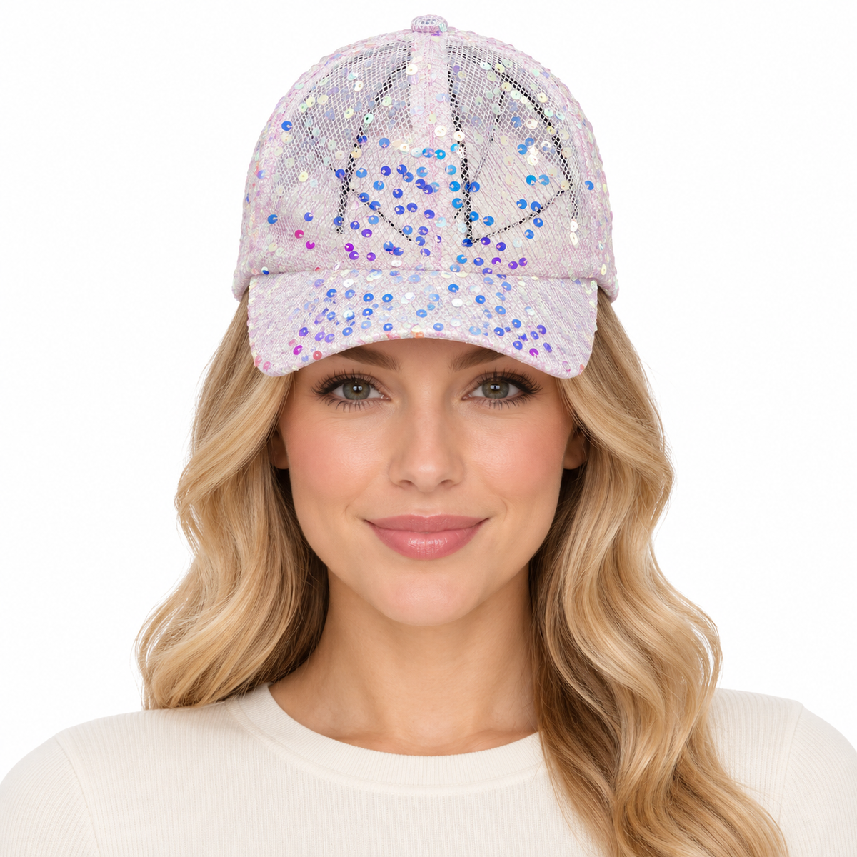Model wearing Baseball Cap: CA2314 Light Pink with AB Sequin Cap