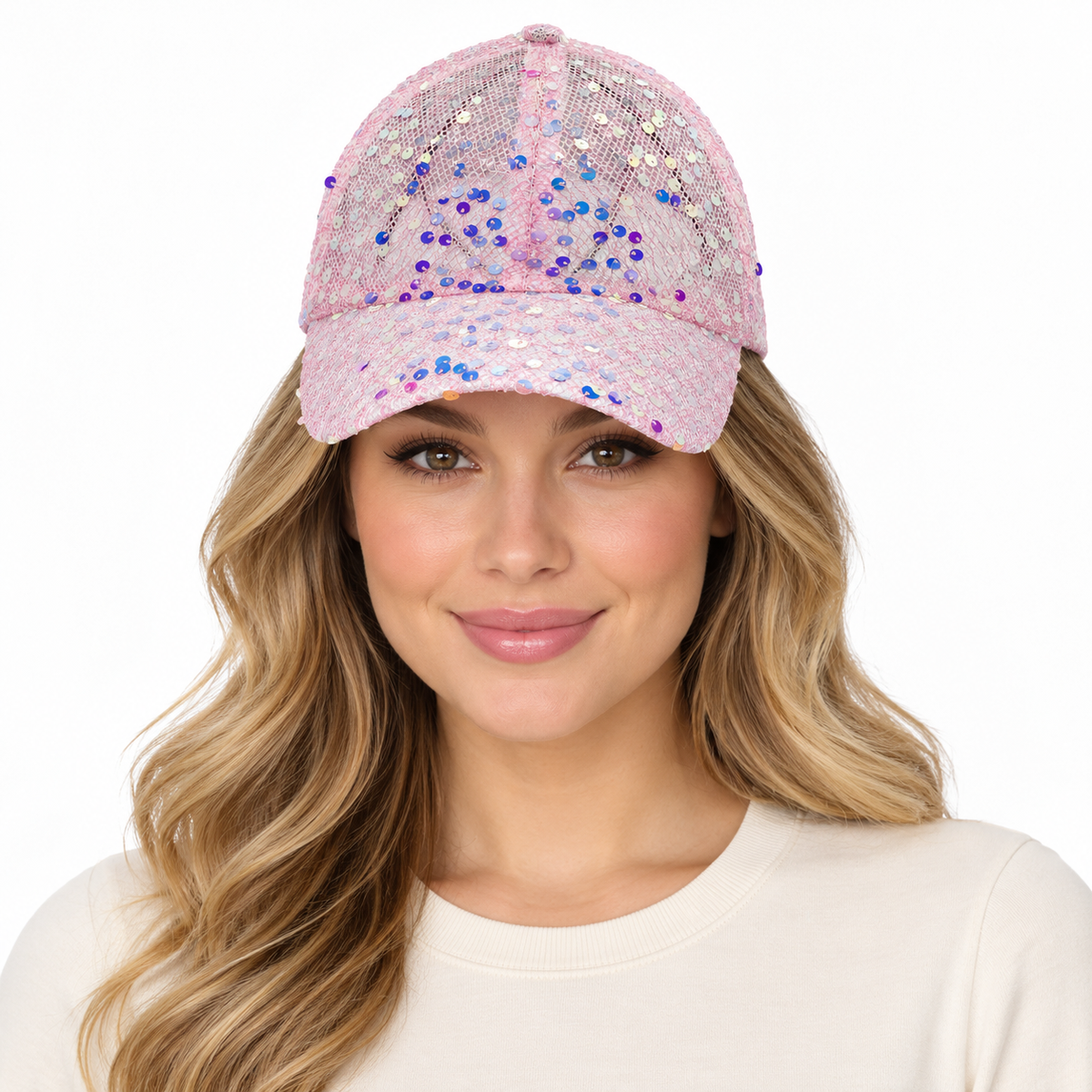 Model wearing Baseball Cap: CA2314 Pink Mesh with AB Sequin Cap