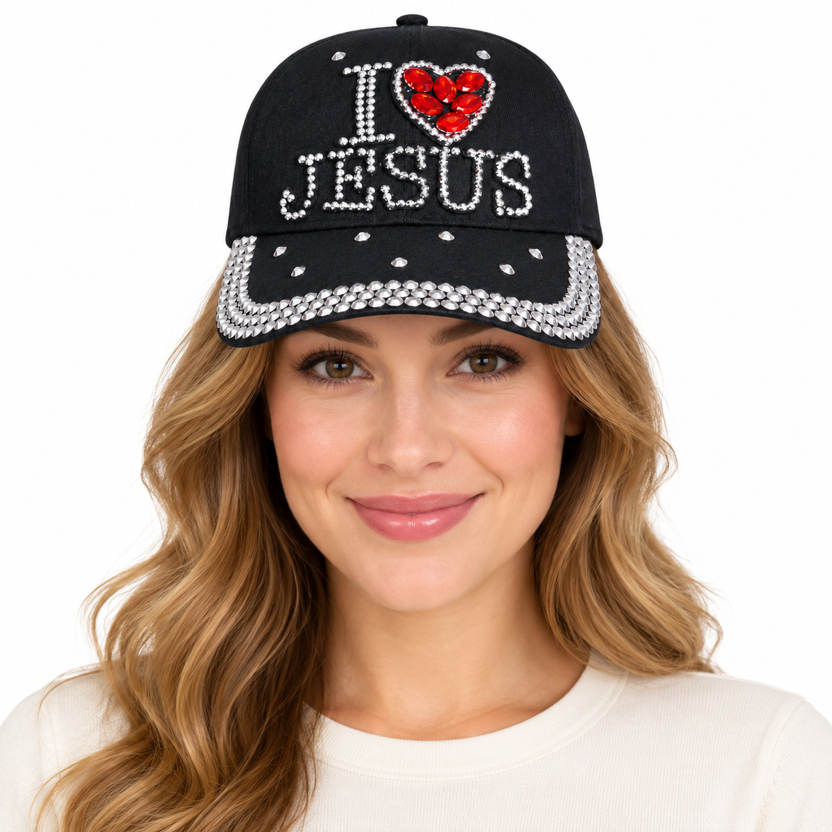 Model wearing I Love Jesus Cap