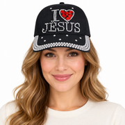 Model wearing I Love Jesus Cap