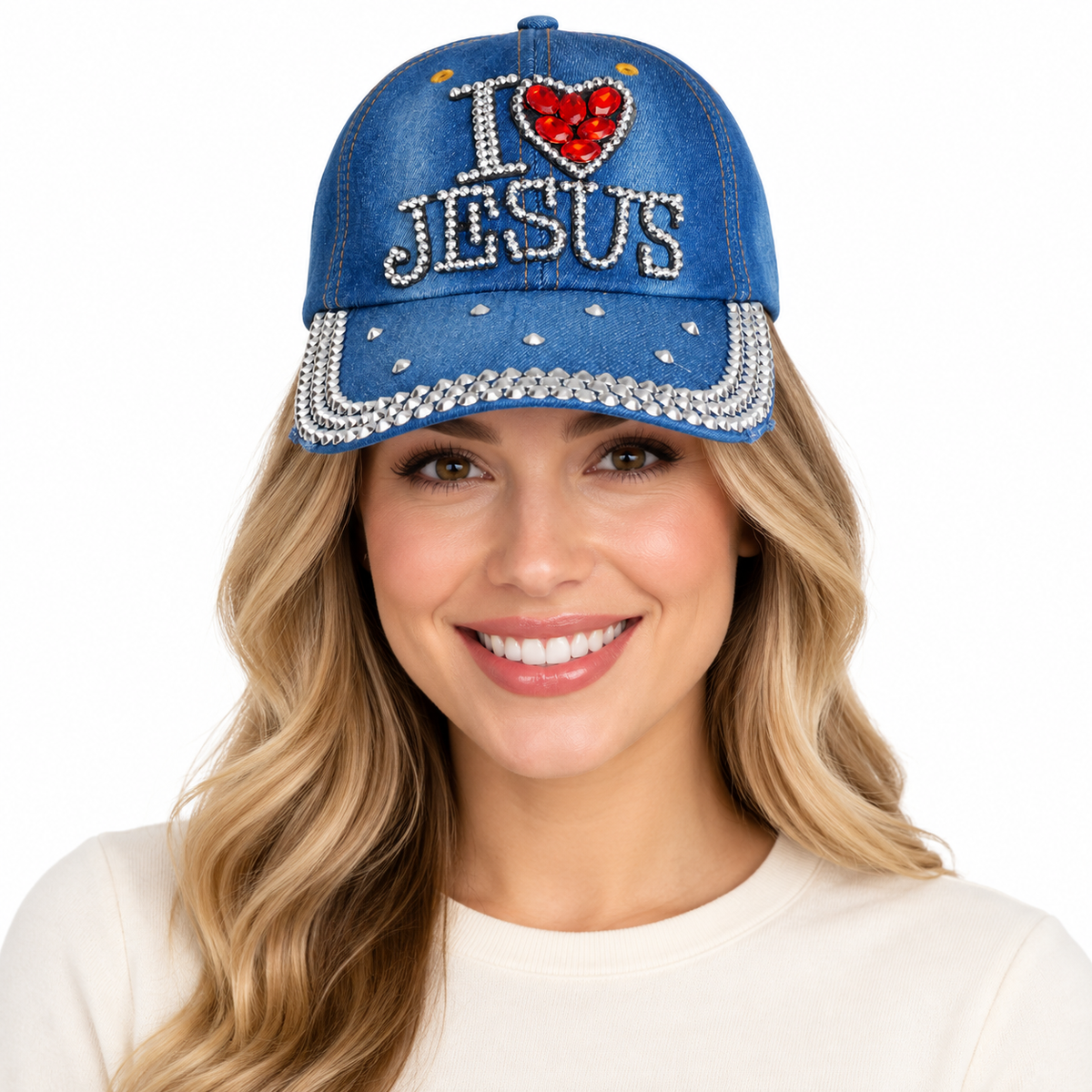 Model wearing I Love Jesus Cap