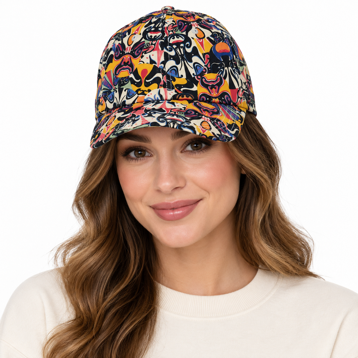 Model wearing Kabuki Print Baseball Cap: CA066