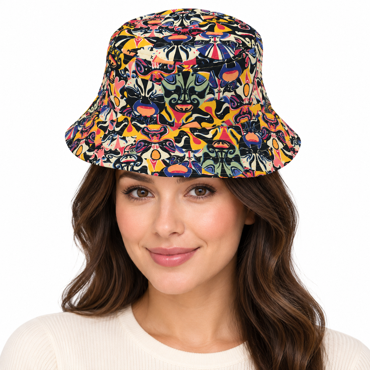 Model wearing Kabuki Print Bucket Hat: CA064